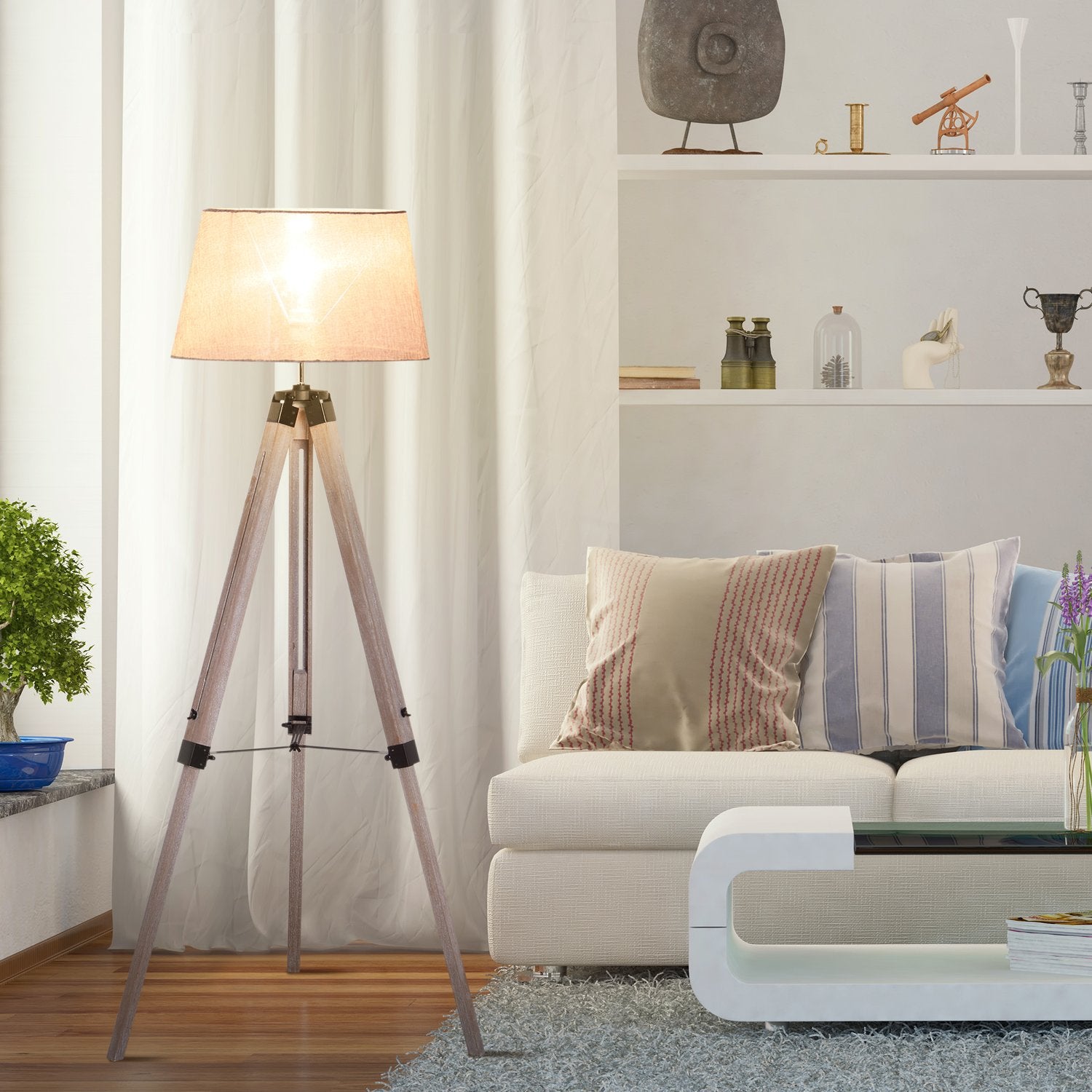 Höjdjusterbar stativ golvlampa, trä & linne, skandinavisk design