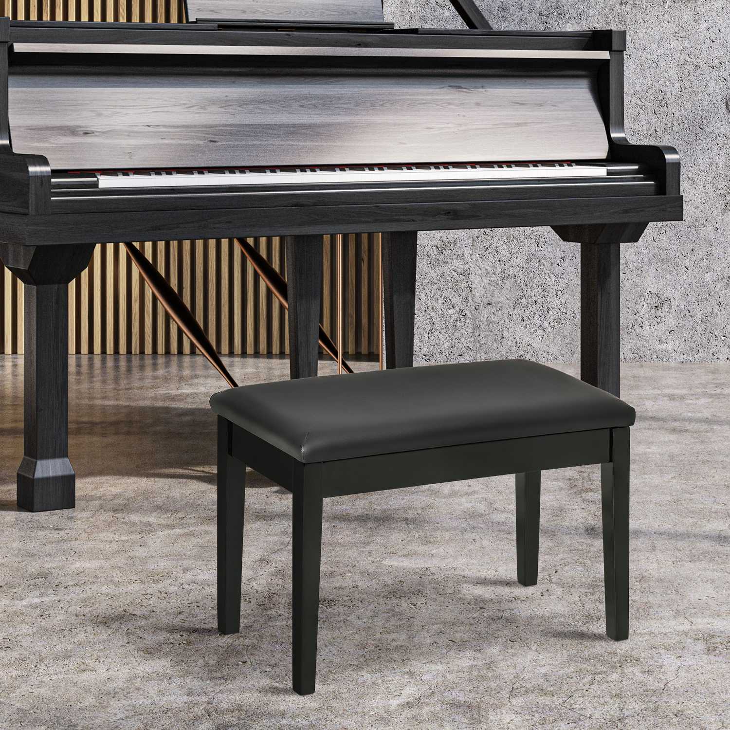 Höjdjusterbar svart pianobänk med förvaring, 75x35x49 cm