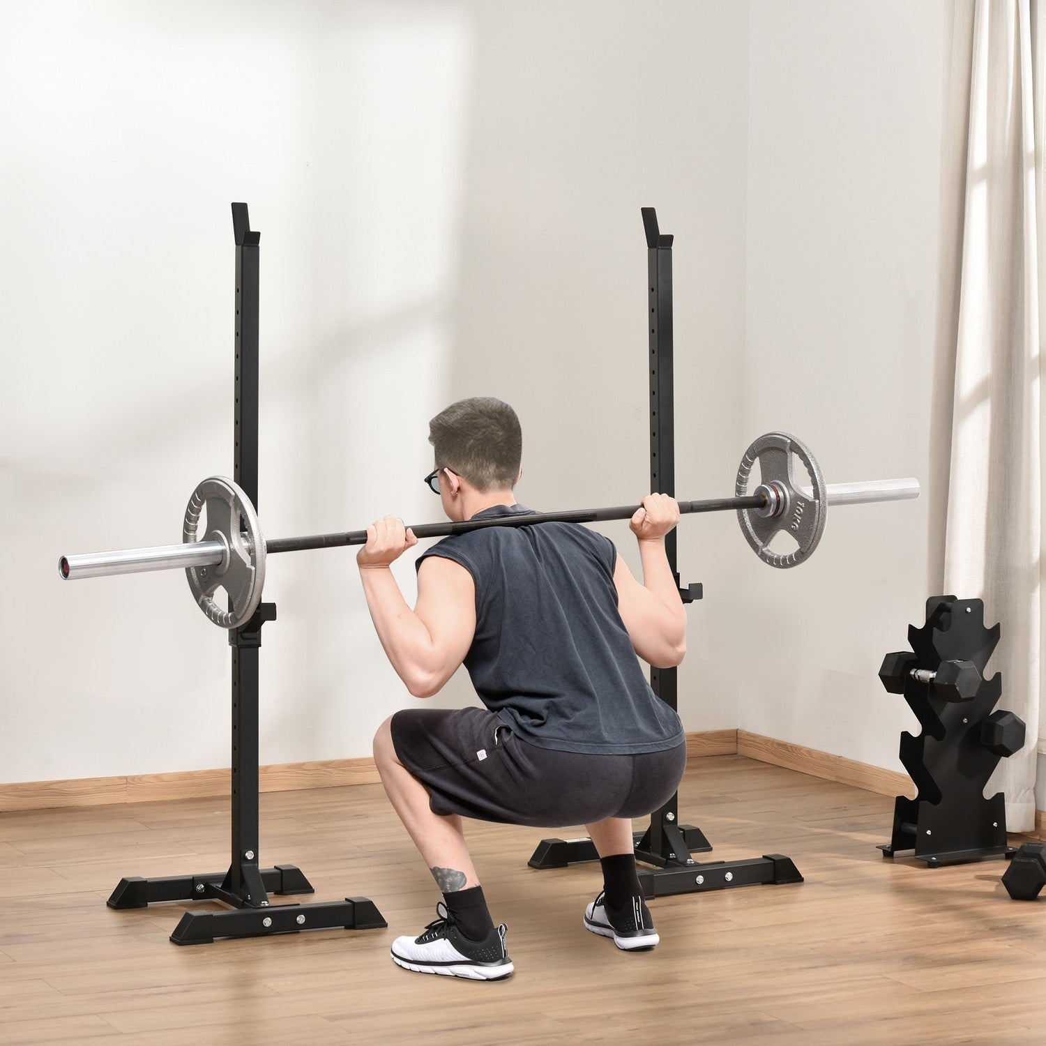 Výškově nastavitelný ocelový stojan na činky, nosnost 150 kg