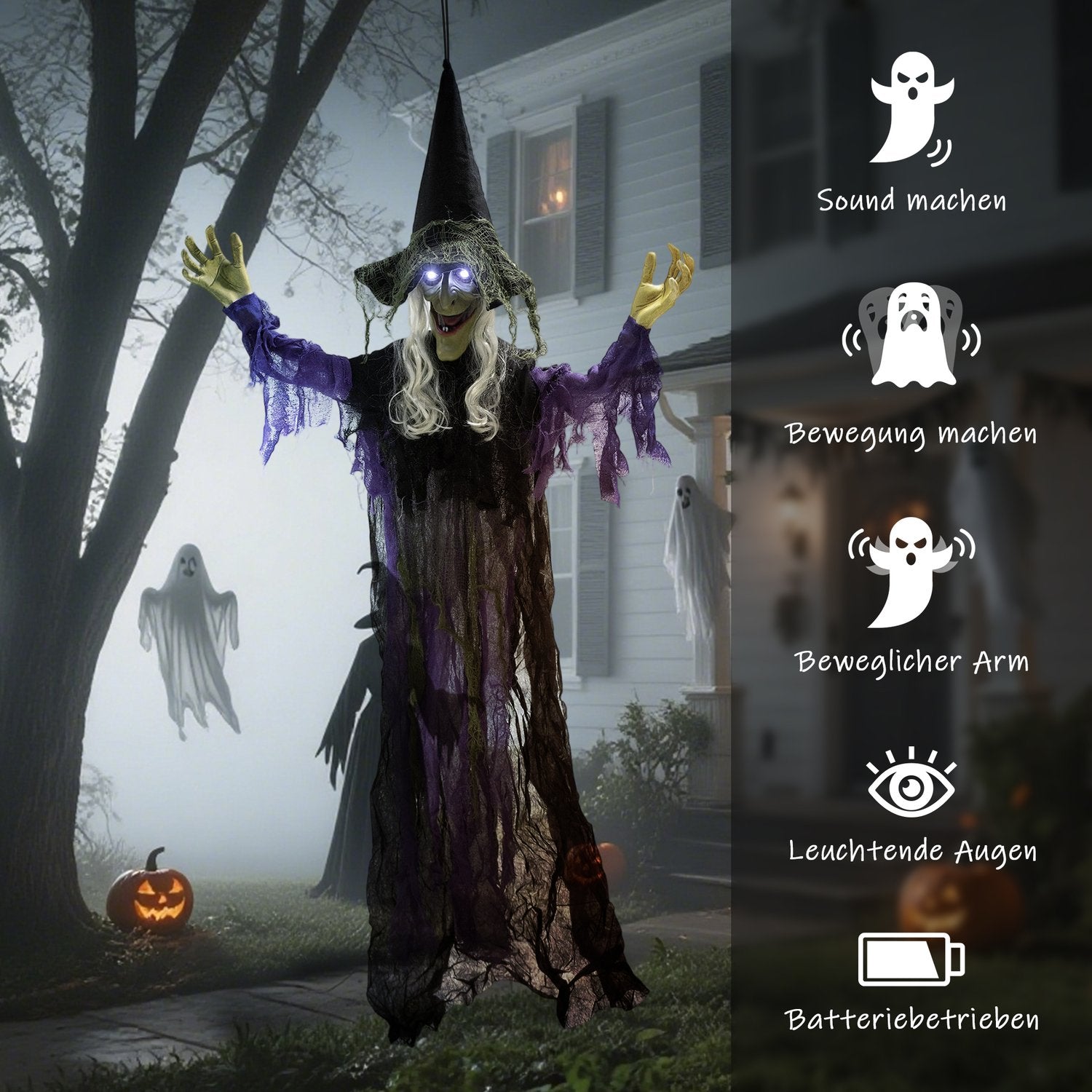 Hängande Halloweenhäxa med LED-ljus, ljud, 183 cm