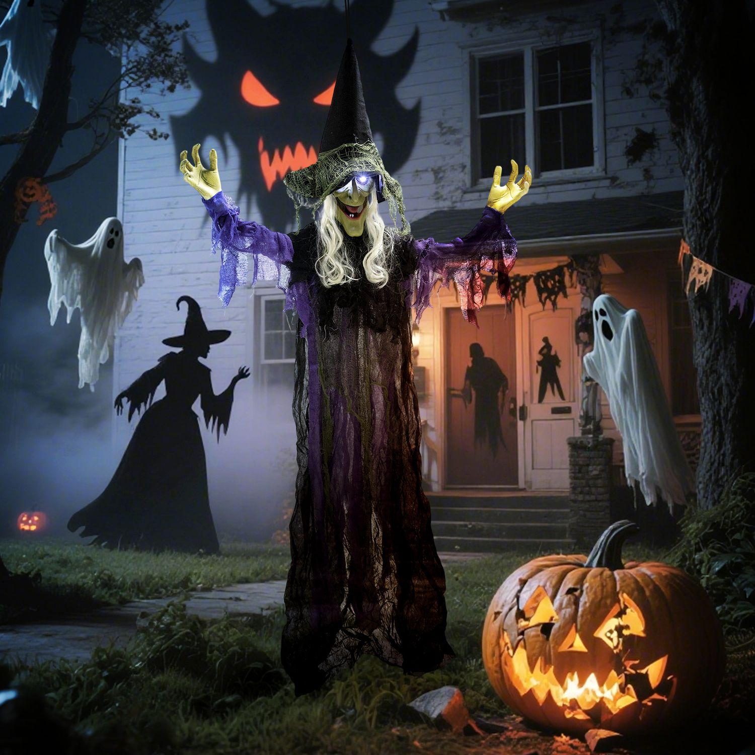 Hängande Halloweenhäxa med LED-ljus, ljud, 183 cm