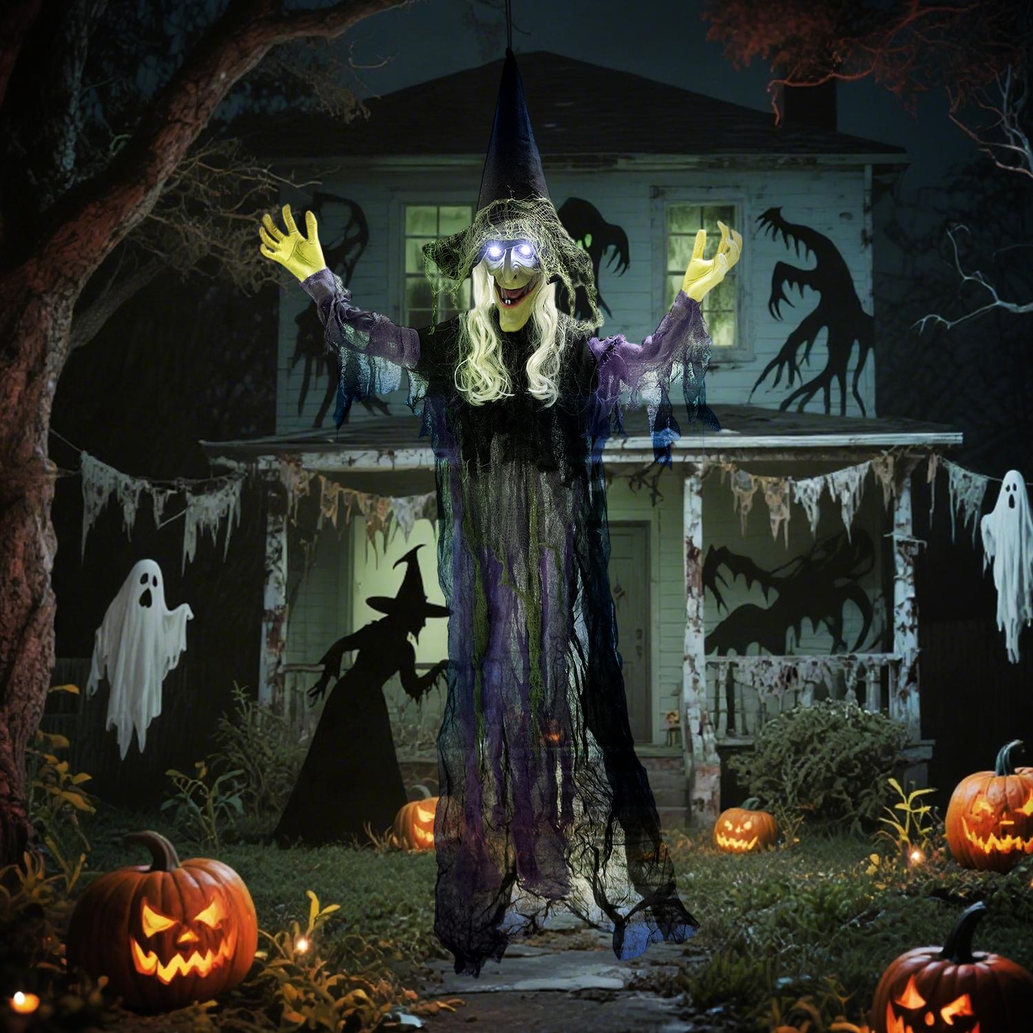 Hängande Halloweenhäxa med LED-ljus, ljud, 183 cm