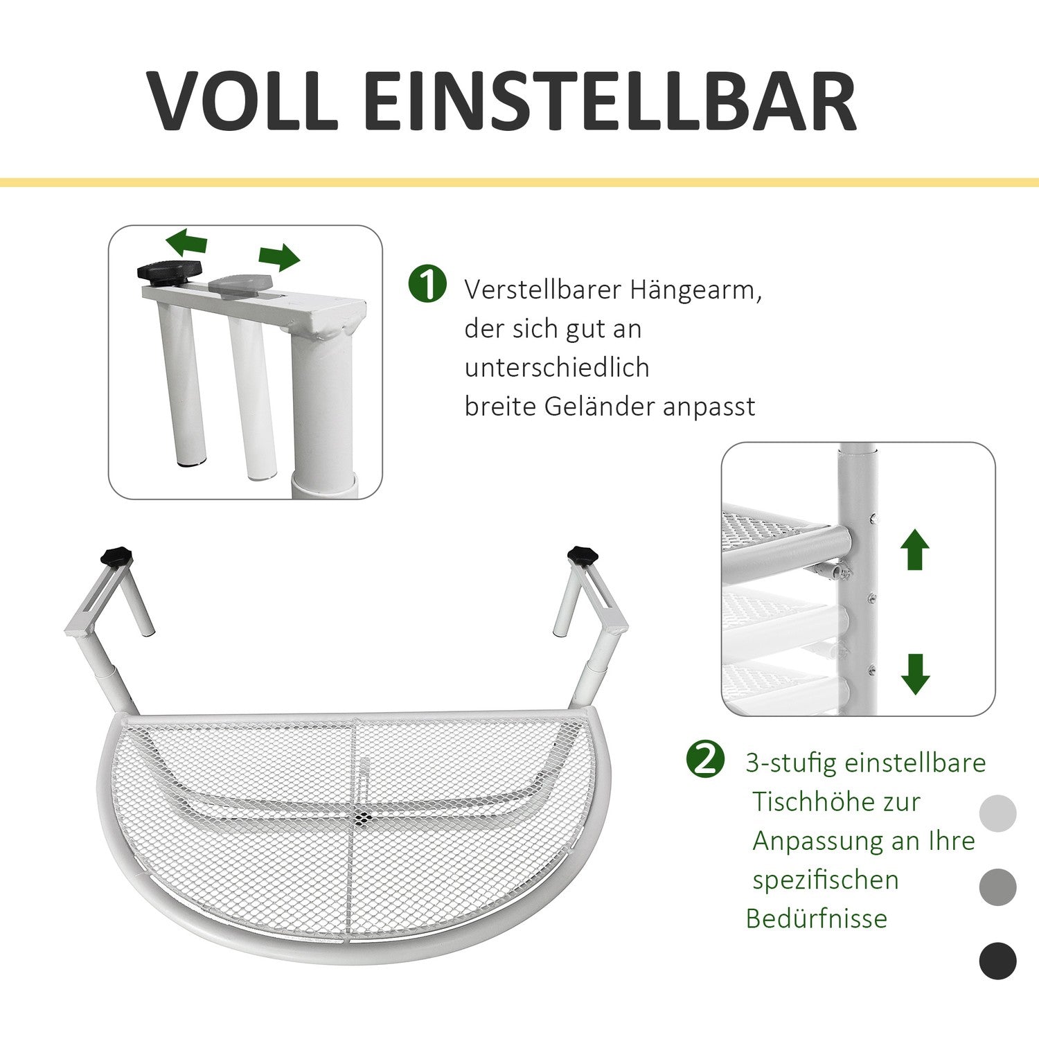 Hängande balkongbord – justerbar metall, halvcirkulär, vit