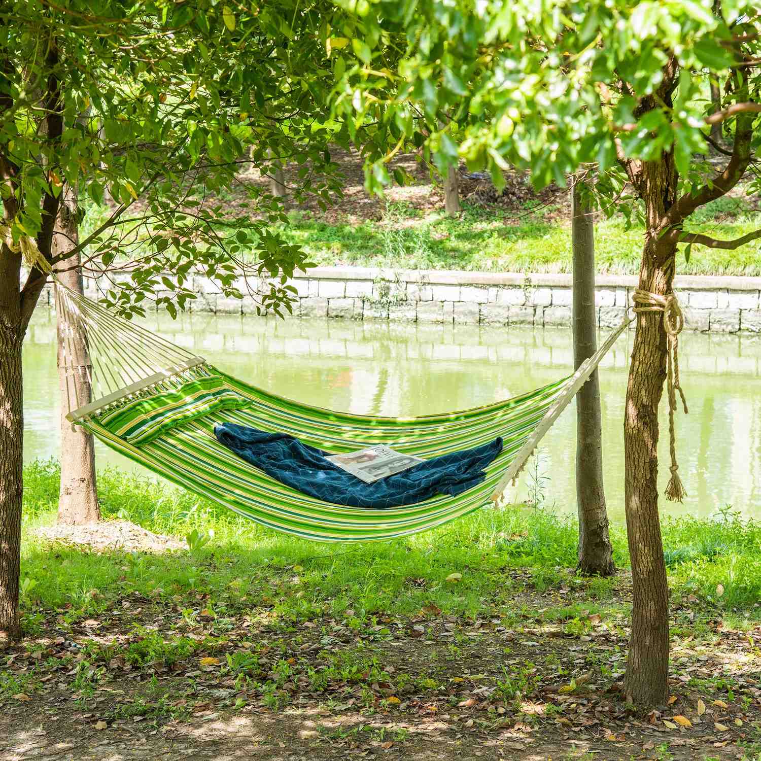 Hängmatta för 2 med kudde, camping, 188x140 cm, grön