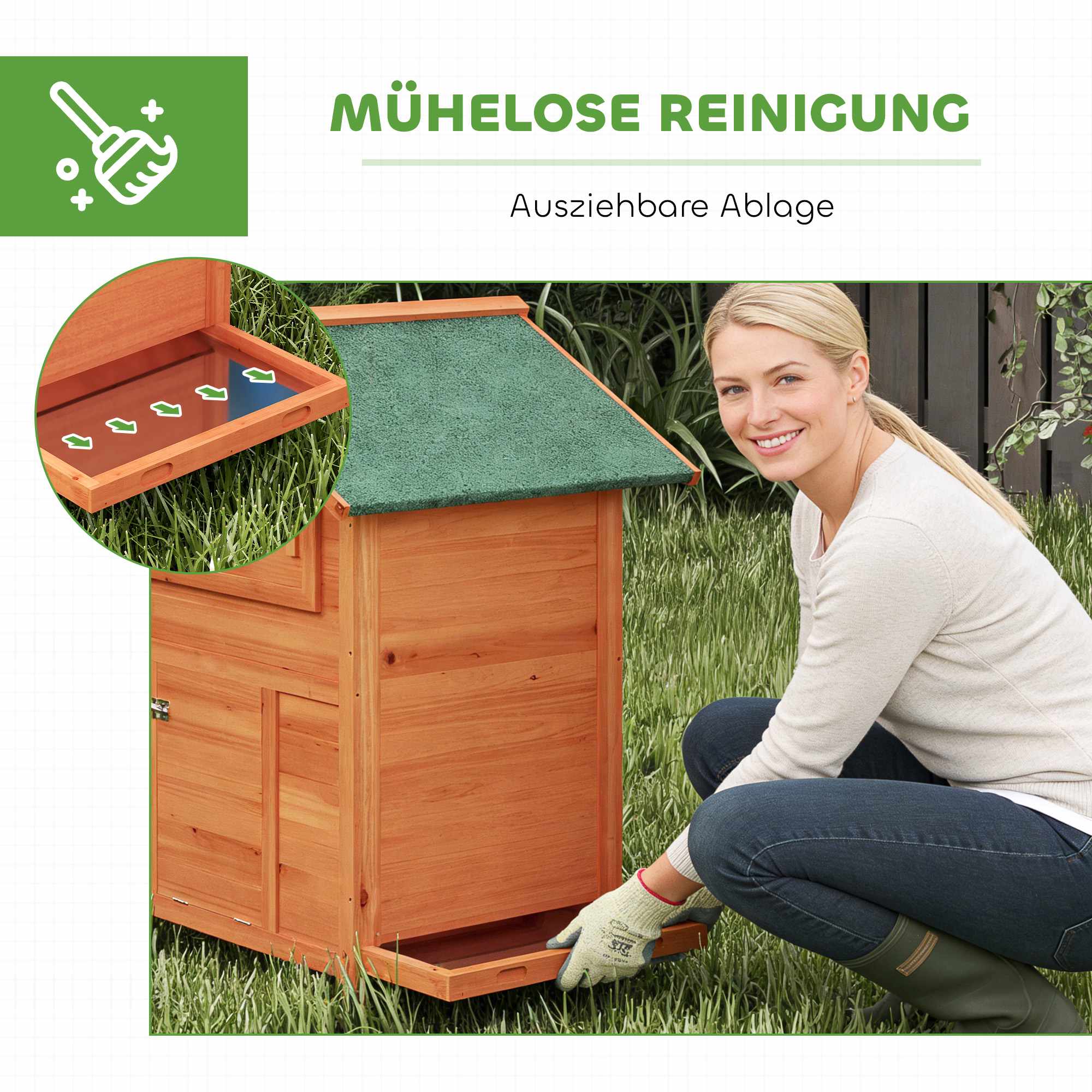 Hönshus i trä med fågelholk, sittpinnar och vattentätt tak