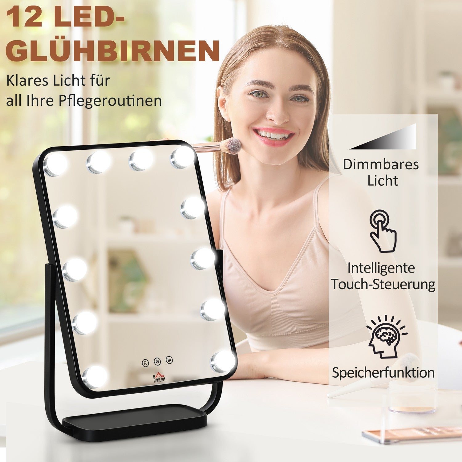 Hollywood Makeup Mirror, 12 lysdioder, pekkontroll, 3 ljusfärger