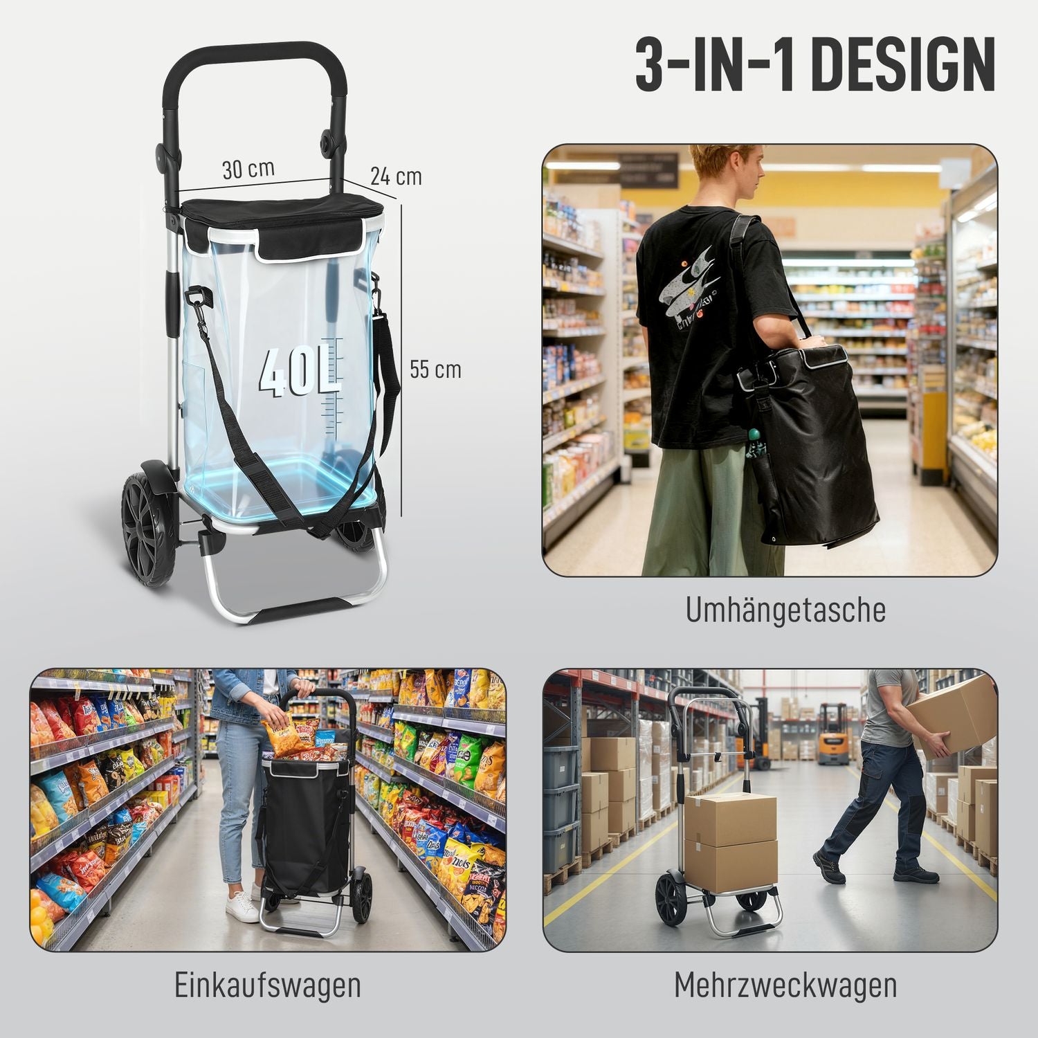 Hopfällbar 3-i-1-kundvagn, 40 l, 25 kg kapacitet, svart