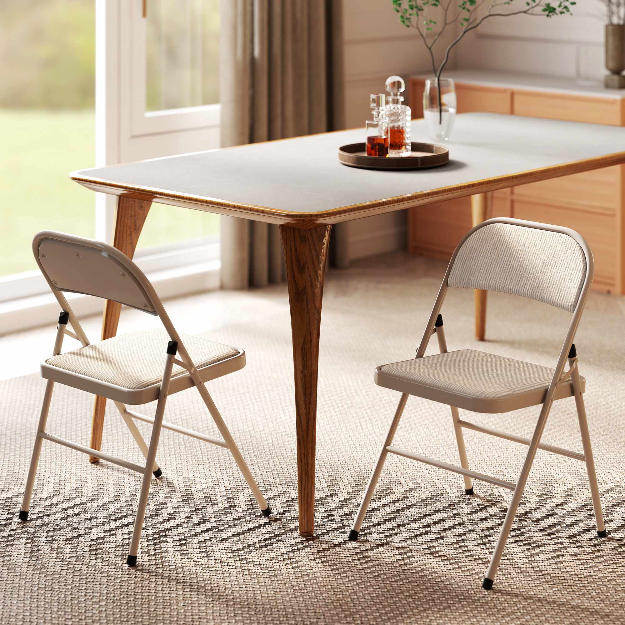Hopfällbara stolar 2-pack, metallben, linne-look, beige