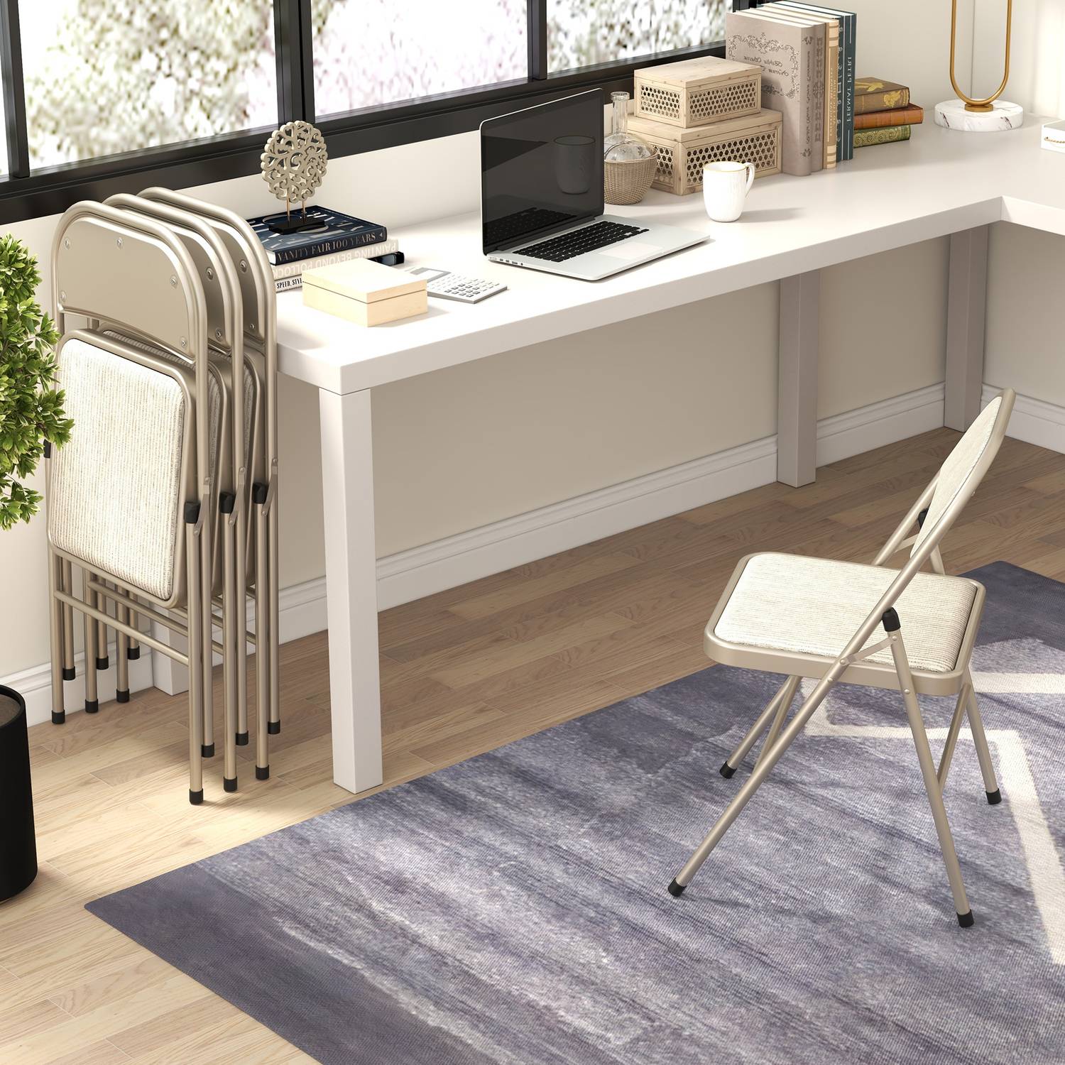 Hopfällbara vadderade stolar, set om 4 – Stålram, beige