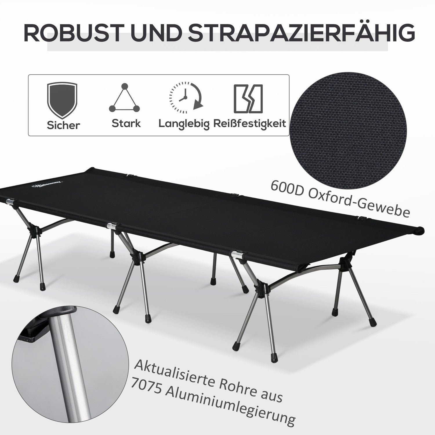 Hopfällbar campingsäng – justerbar höjd, 190x65 cm, 150 kg gräns