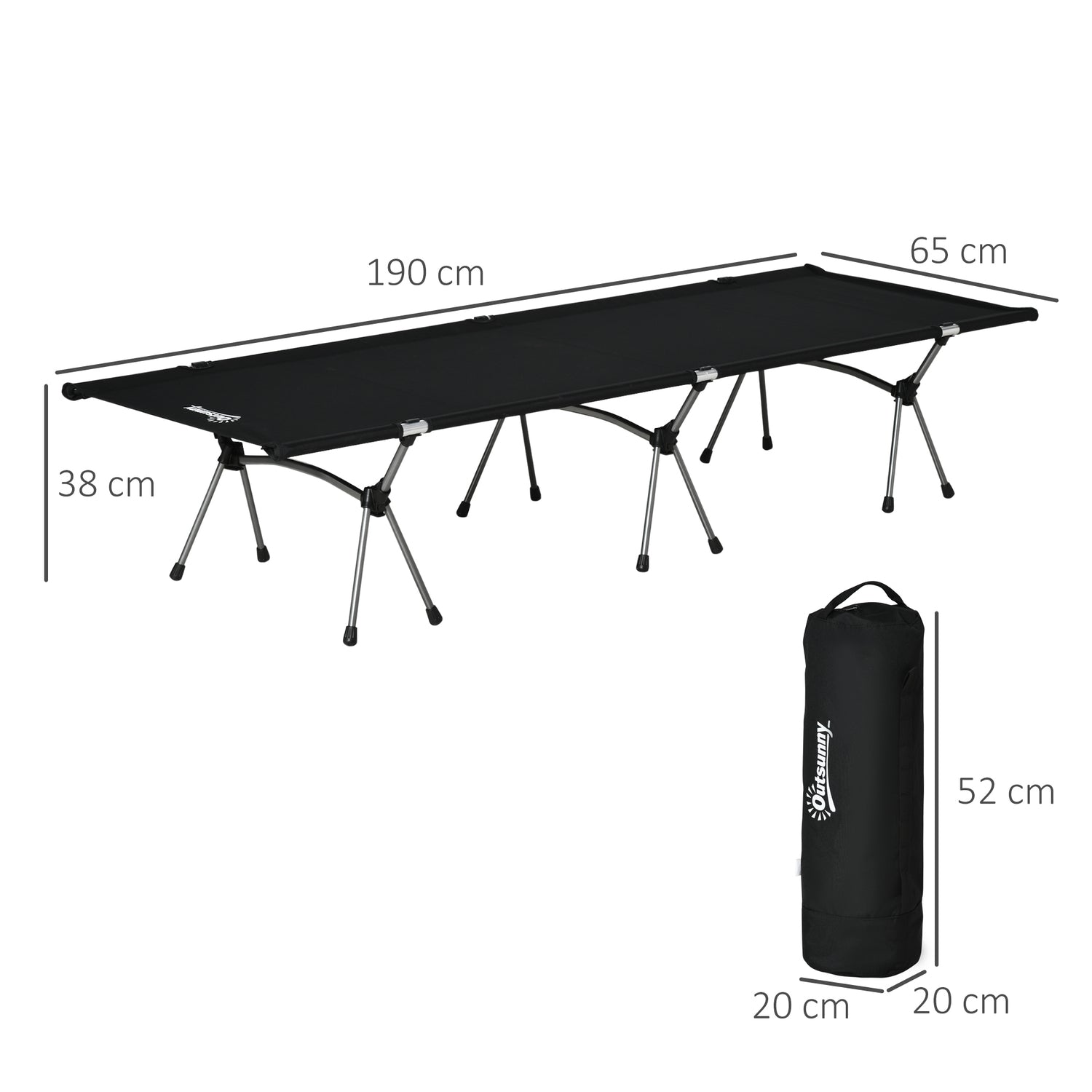 Hopfällbar campingsäng – justerbar höjd, 190x65 cm, 150 kg gräns
