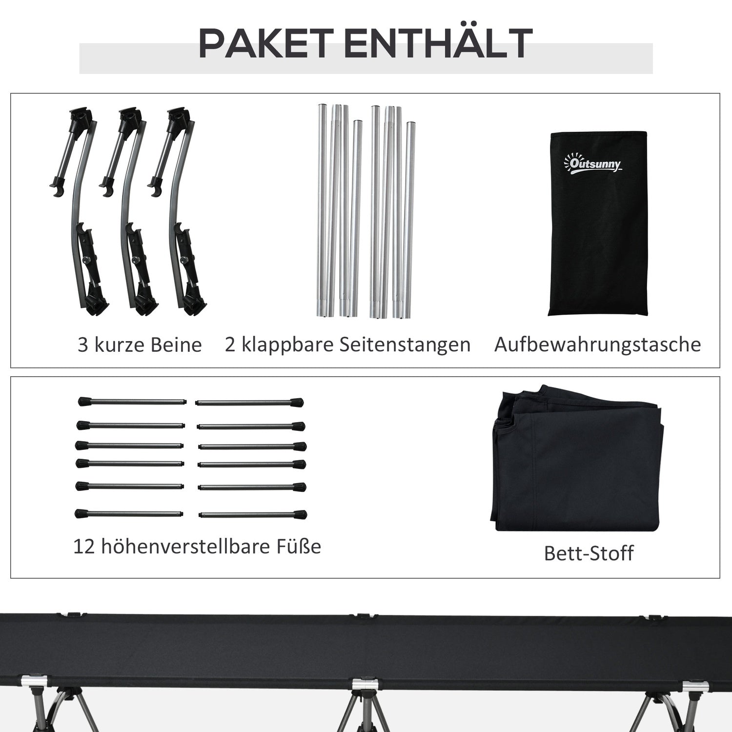 Hopfällbar campingsäng – justerbar höjd, 190x65 cm, 150 kg gräns