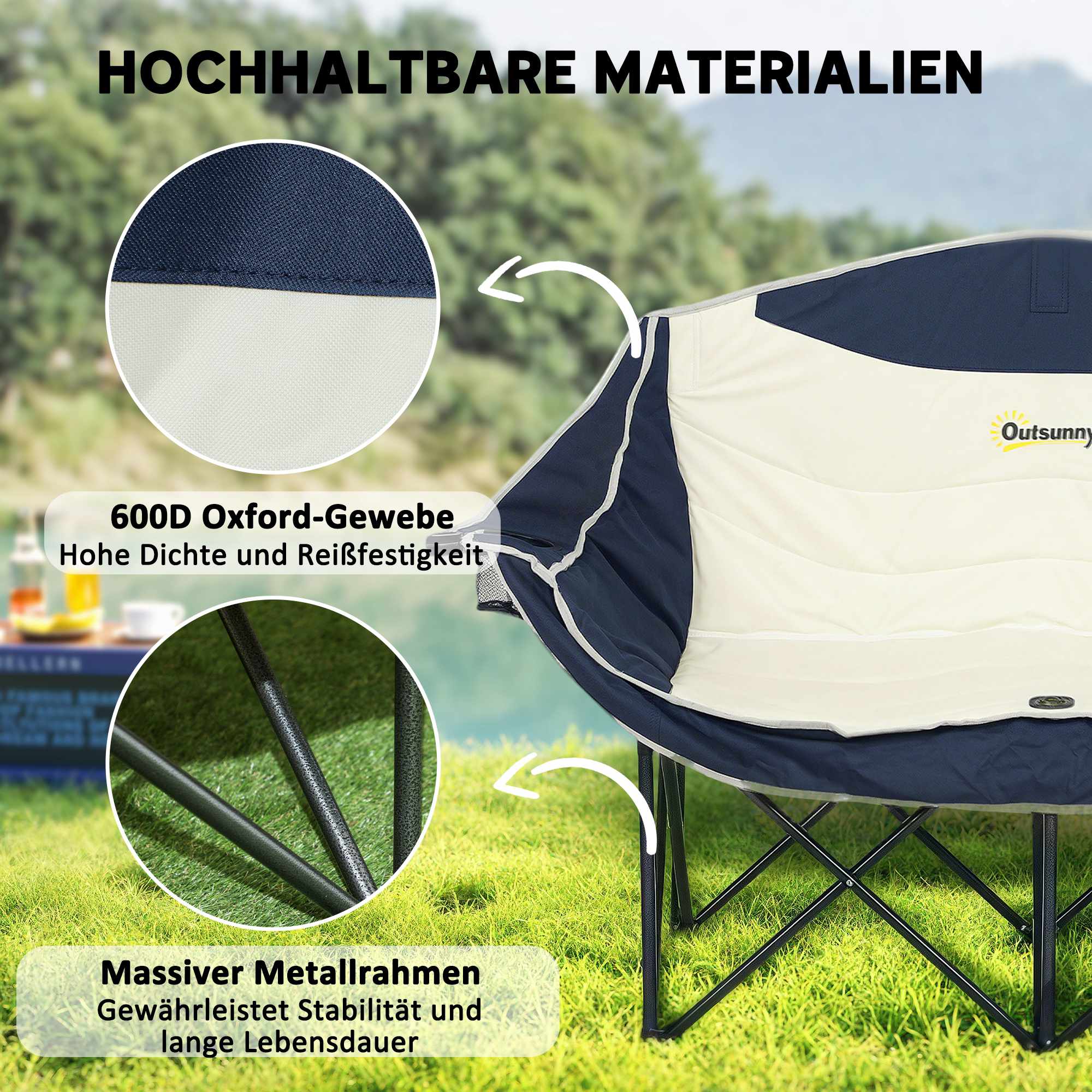 Hopfällbar campingstol, dubbla stoppade säten, 250 kg kapacitet