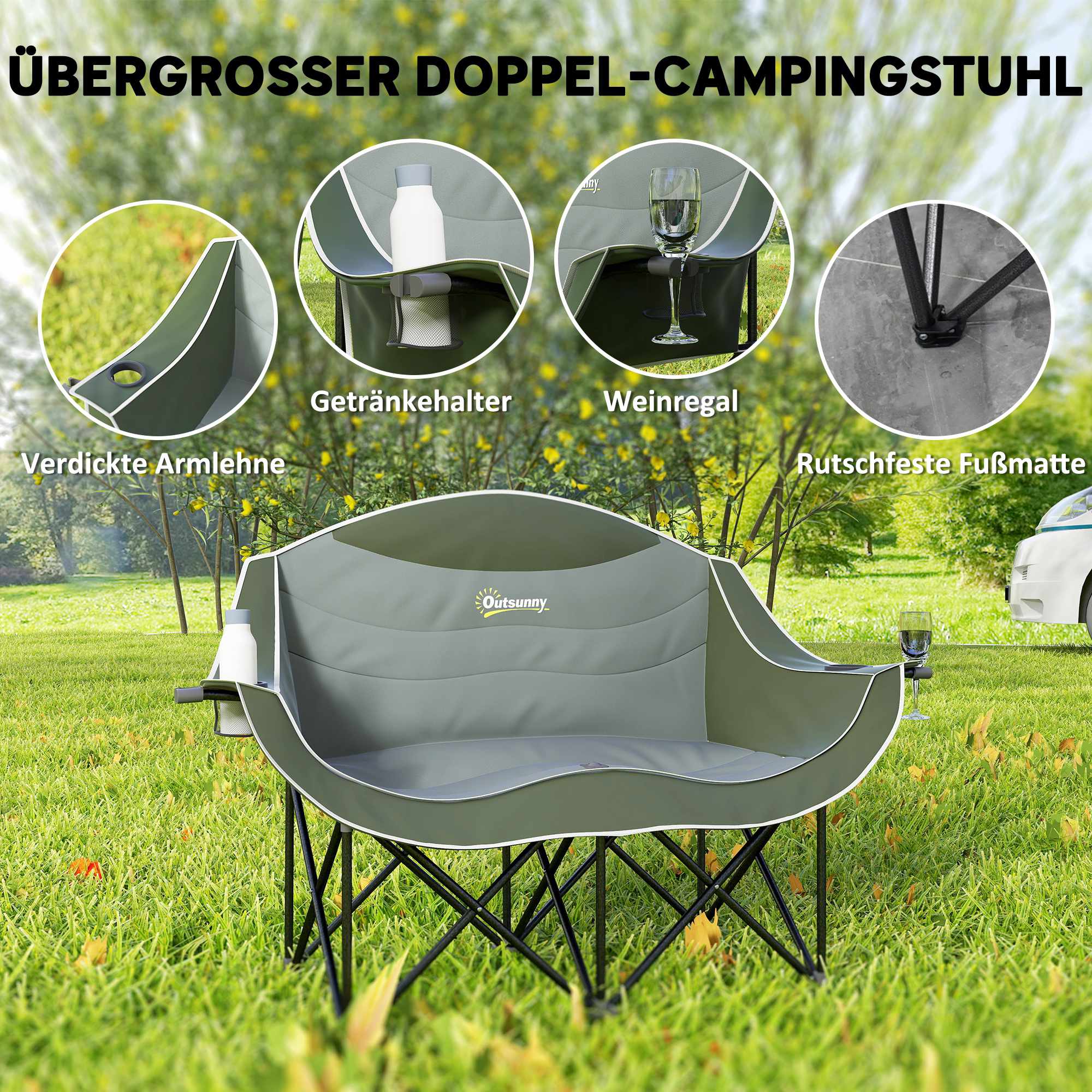 Hopfällbar campingstol med dubbla vadderade säten och mugghållare