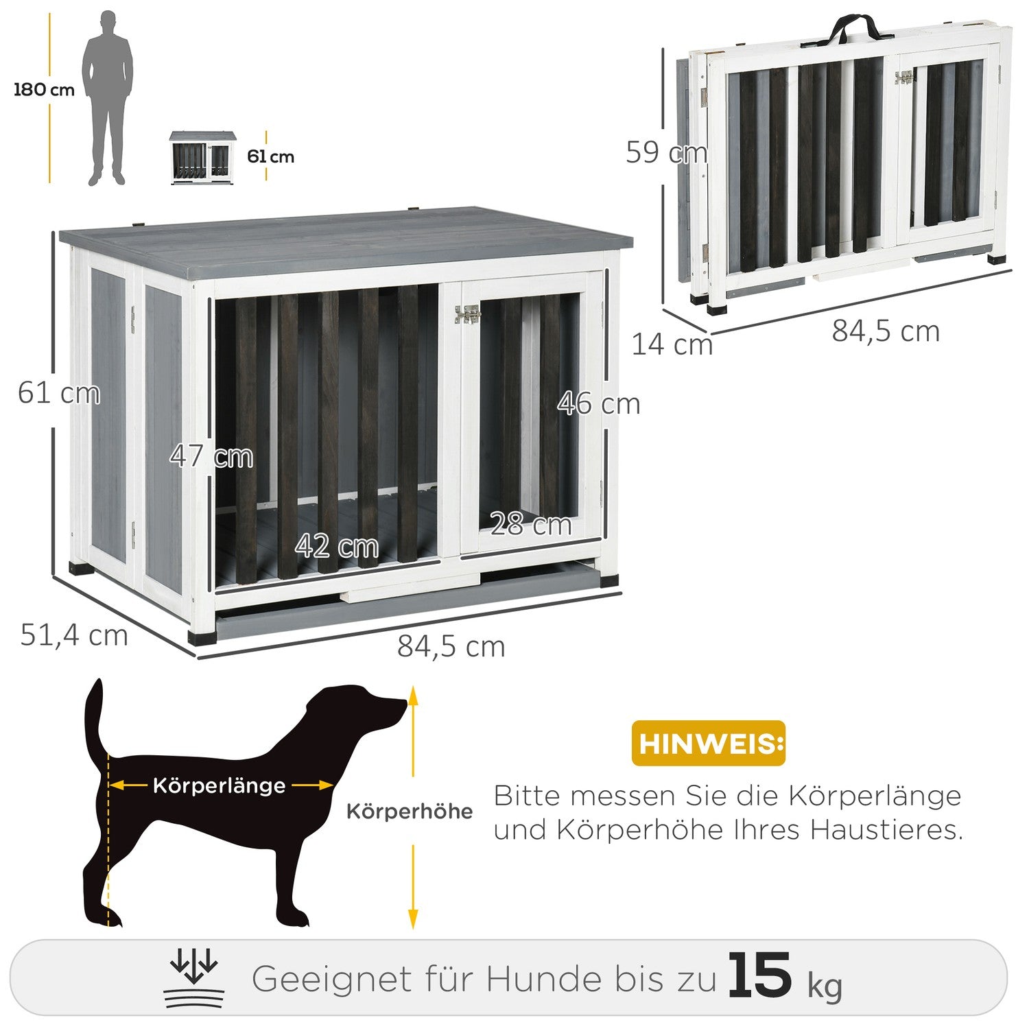 Hopfällbar grå hundkennel med fönster, 84,5x51,4x61cm