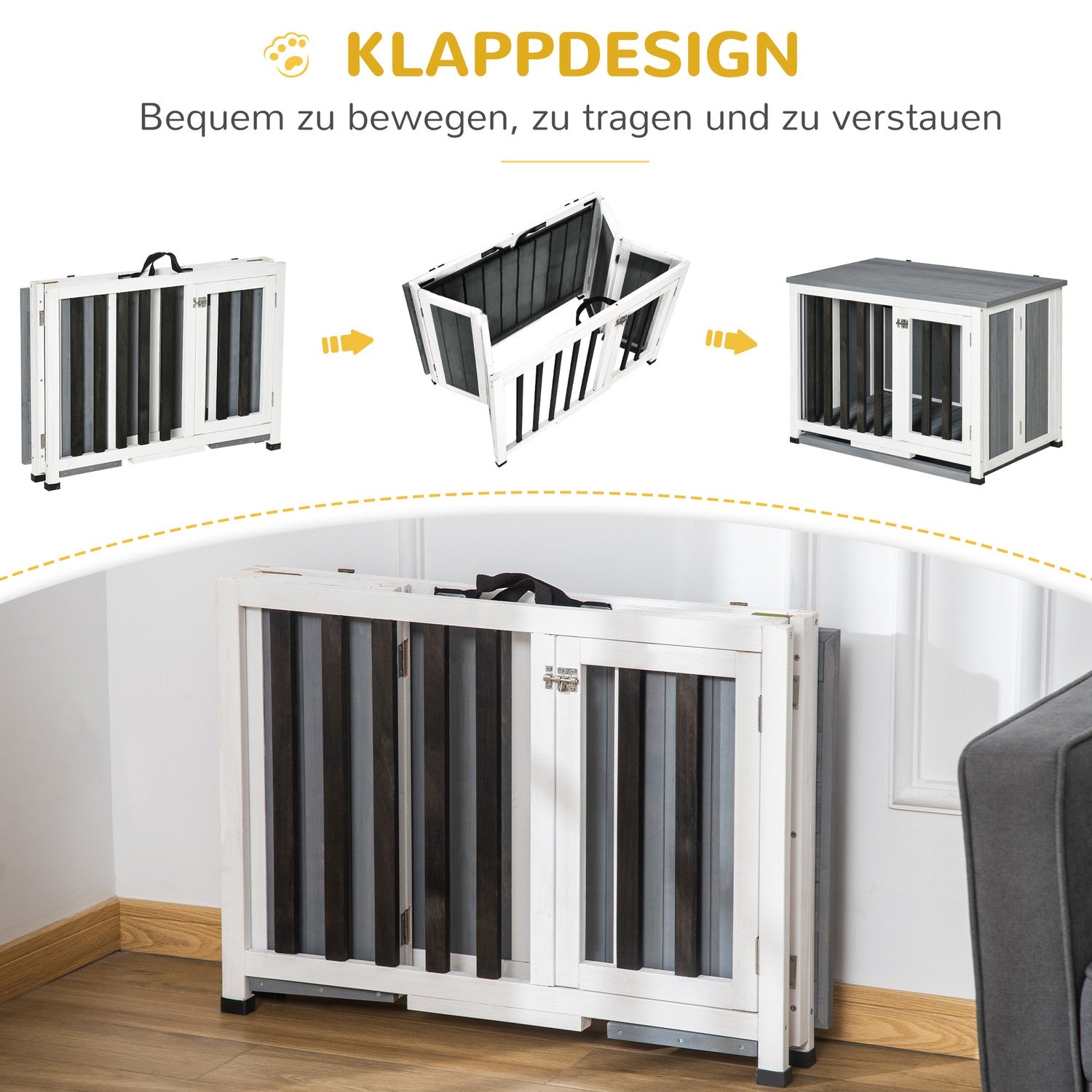 Hopfällbar grå hundkennel med fönster, 84,5x51,4x61cm