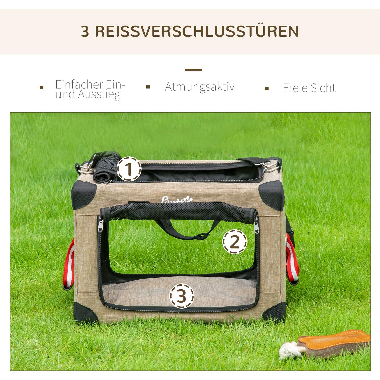 Hopfällbar hundtransportlåda med handtag, Khaki, 48,5x33,5x33cm