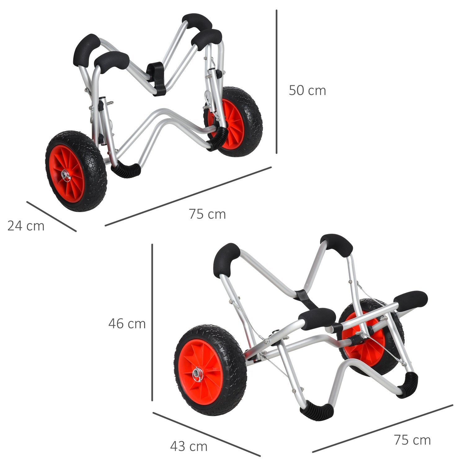 Hopfällbar kajakvagn i aluminium med PU-däck, 75 kg kapacitet