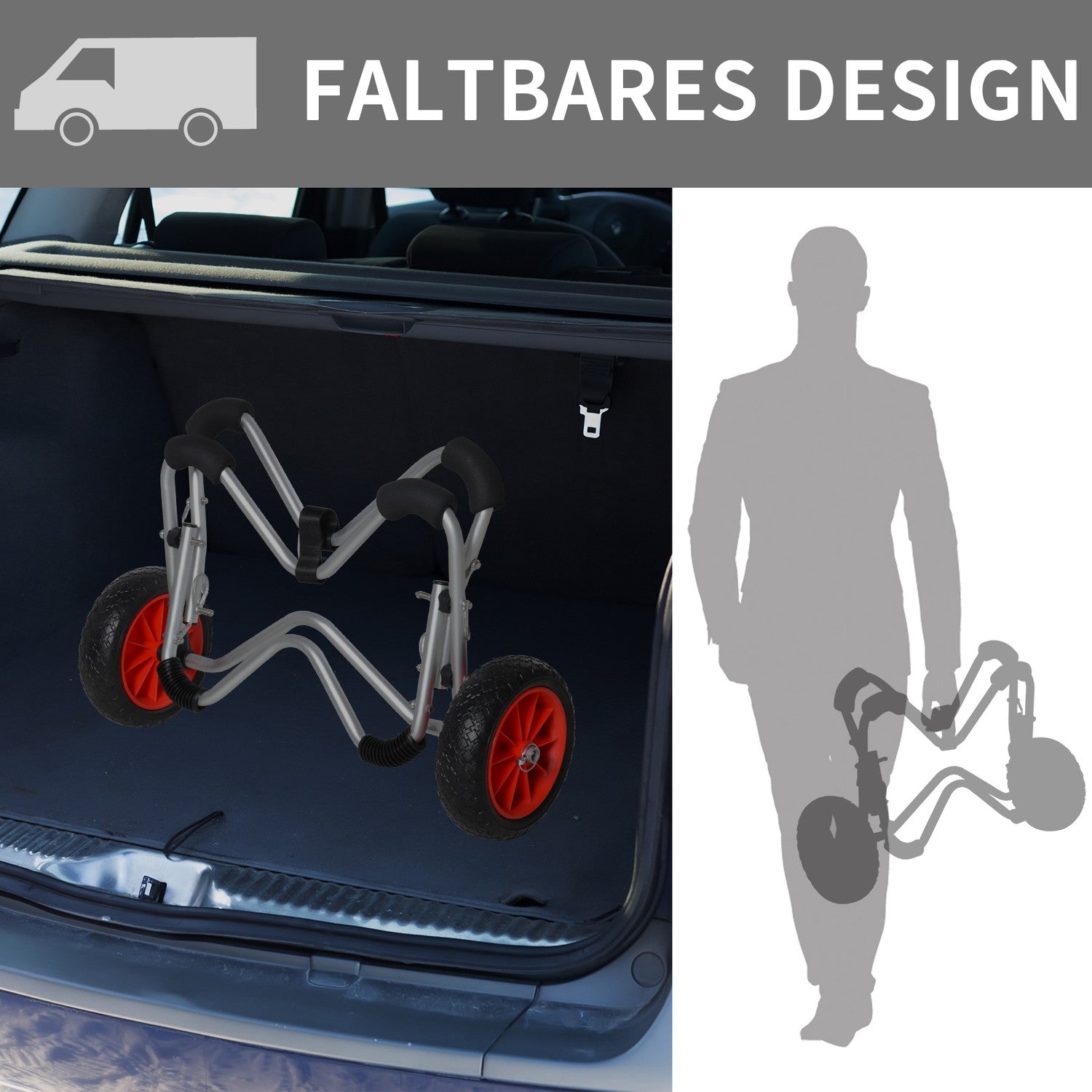 Hopfällbar kajakvagn i aluminium med PU-däck, 75 kg kapacitet