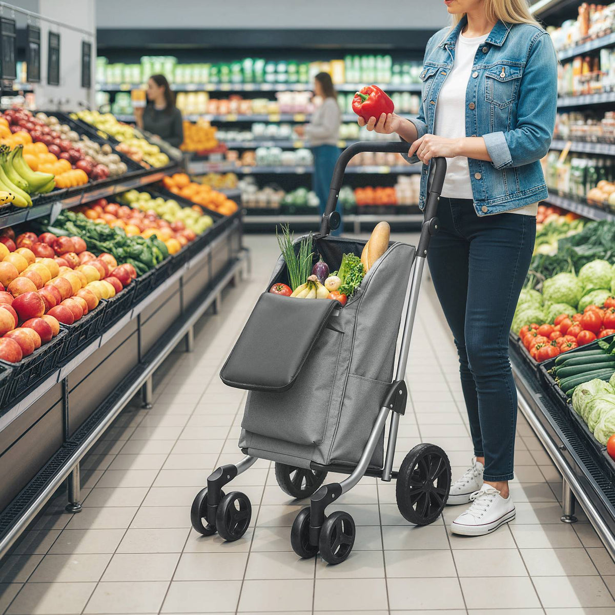 Skládací nákupní vozík, taška 46L, chladicí taška, nastavitelná rukojeť