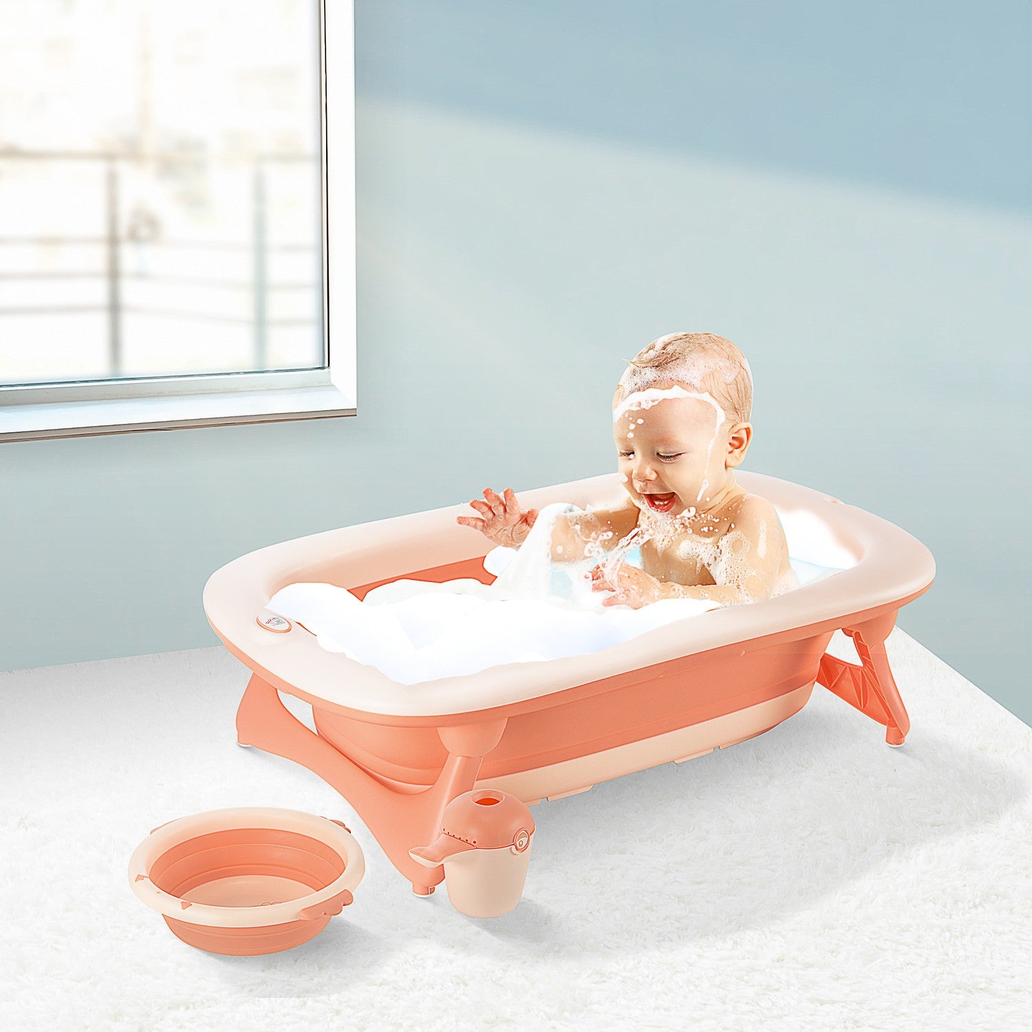 Hopfällbart babybadkar med handfat & kopp, plast, ros