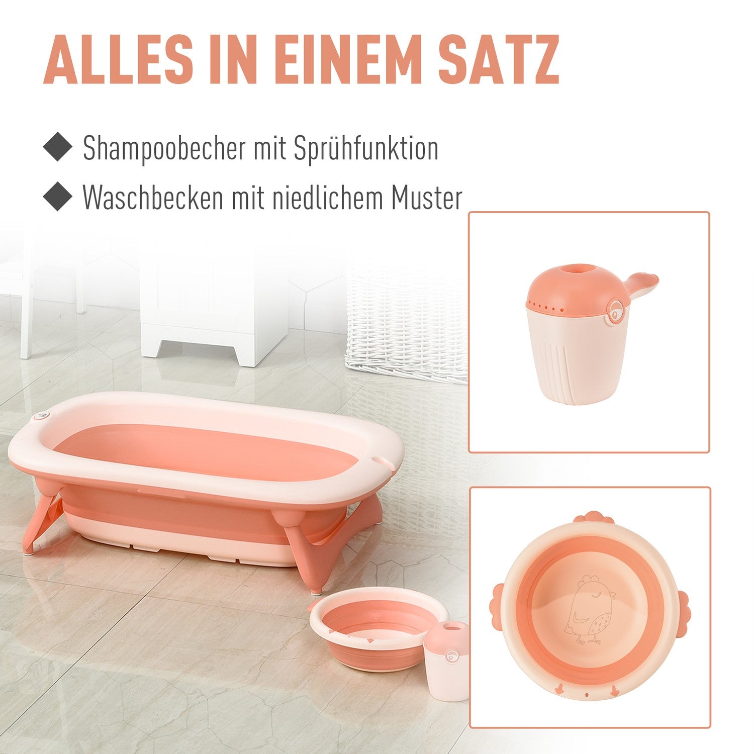 Hopfällbart babybadkar med handfat & kopp, plast, ros