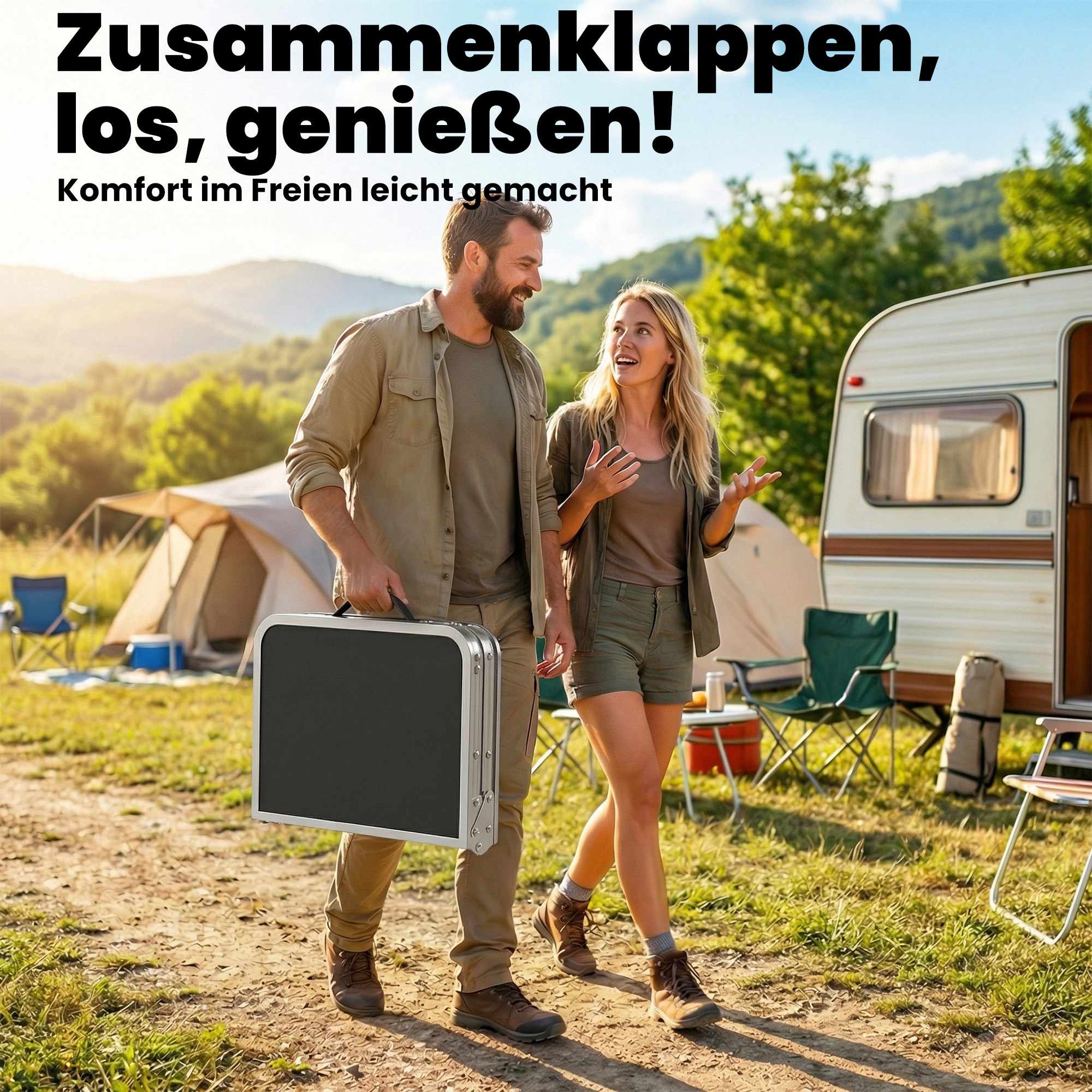 Hopfällbart campingbord med nät, justerbar höjd, aluminium