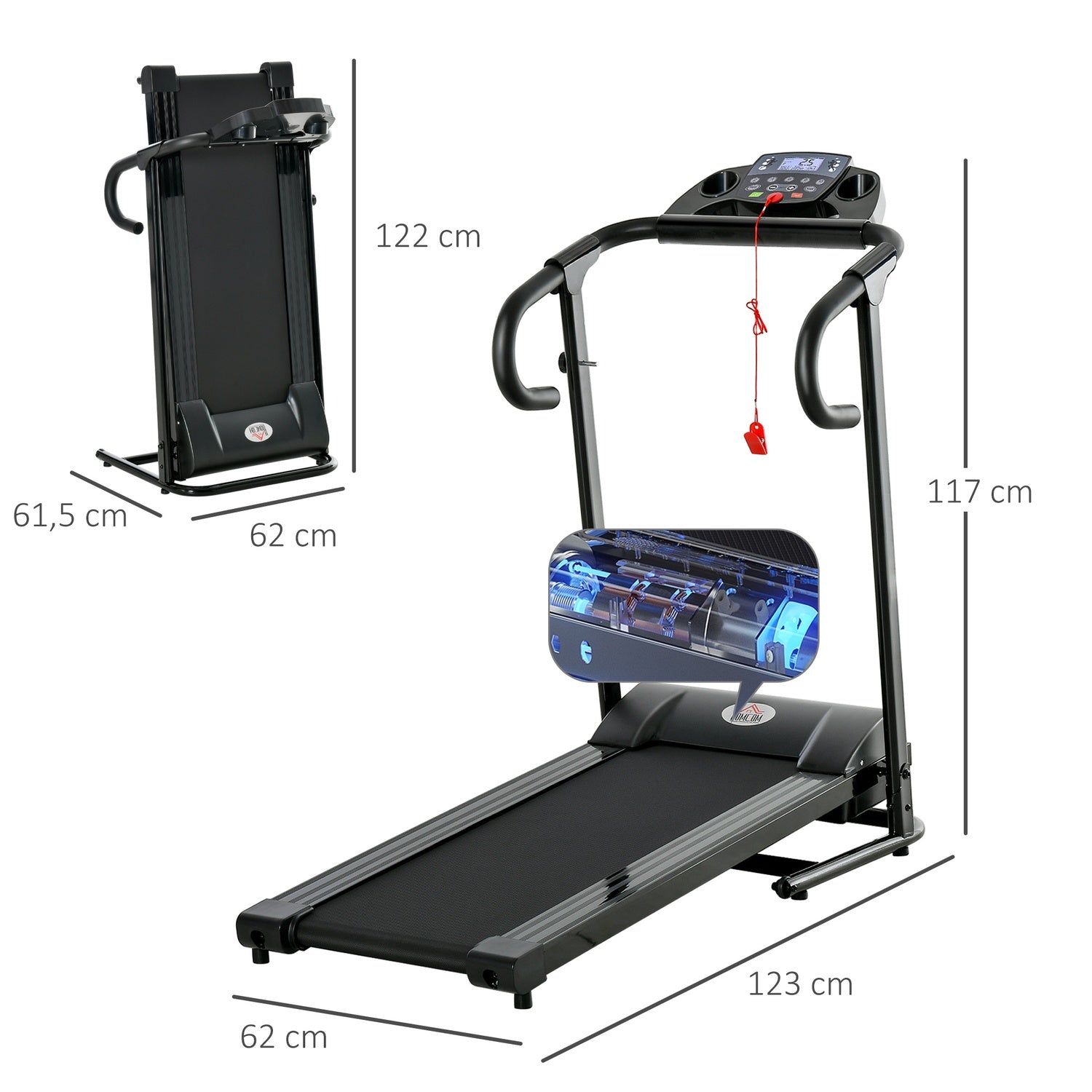 Hopfällbart elektriskt löpband, 500W, LCD, Telefonhållare, Svart