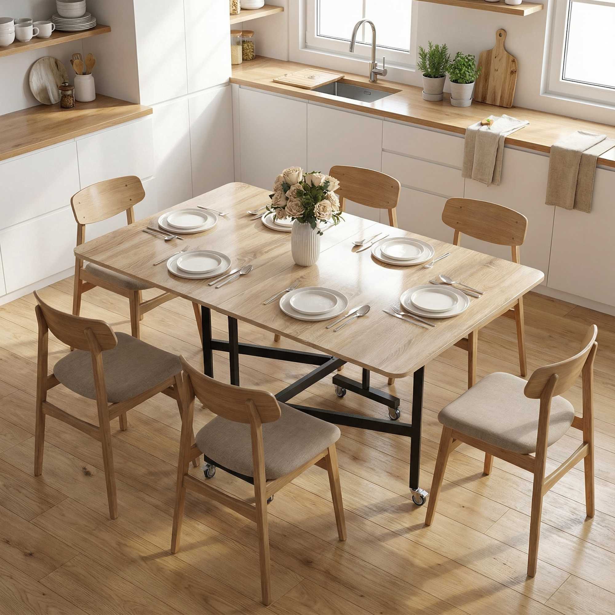 Hopfällbart matbord för 6 personer, ekfinish, platsbesparande design