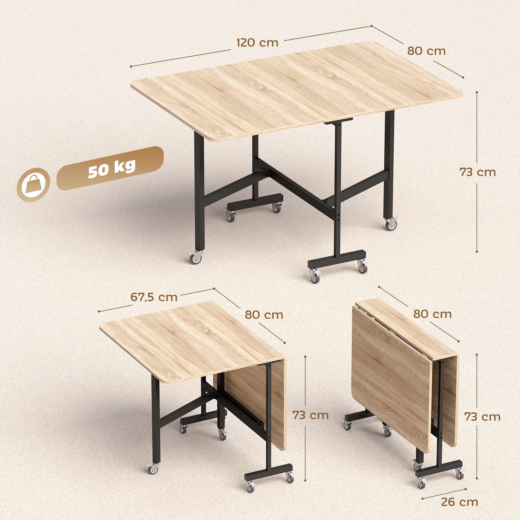 Hopfällbart matbord för 6 personer, ekfinish, platsbesparande design