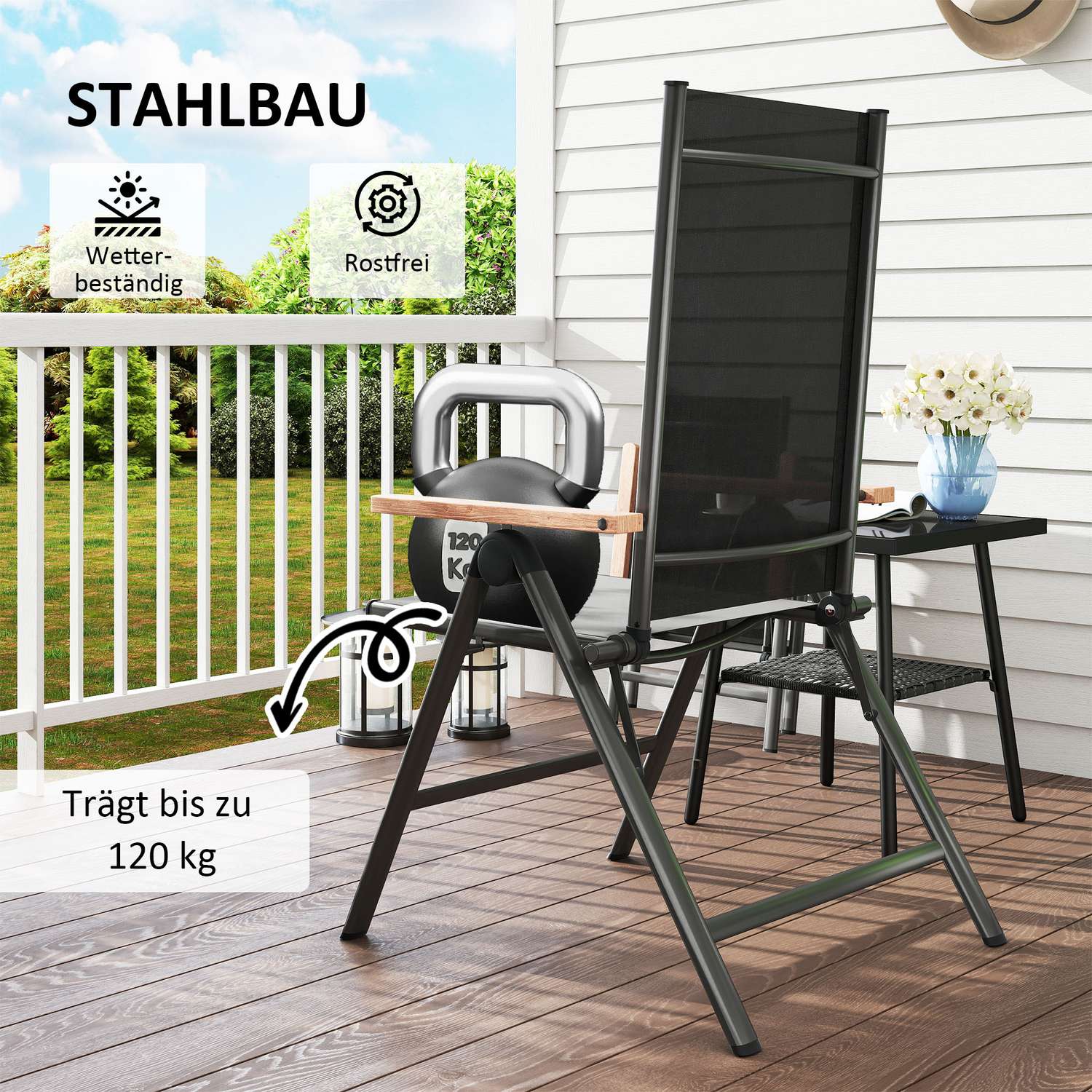 Skládací zahradní židle z oceli s područkami, černá, nosnost 120 kg