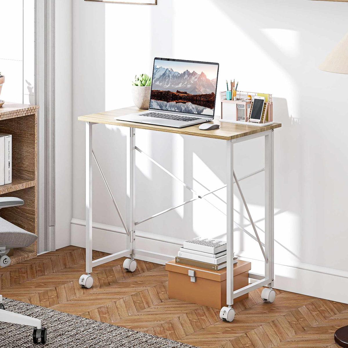Skládací stůl s kolečky, úsporný design, ocel a MDF, přírodní barva