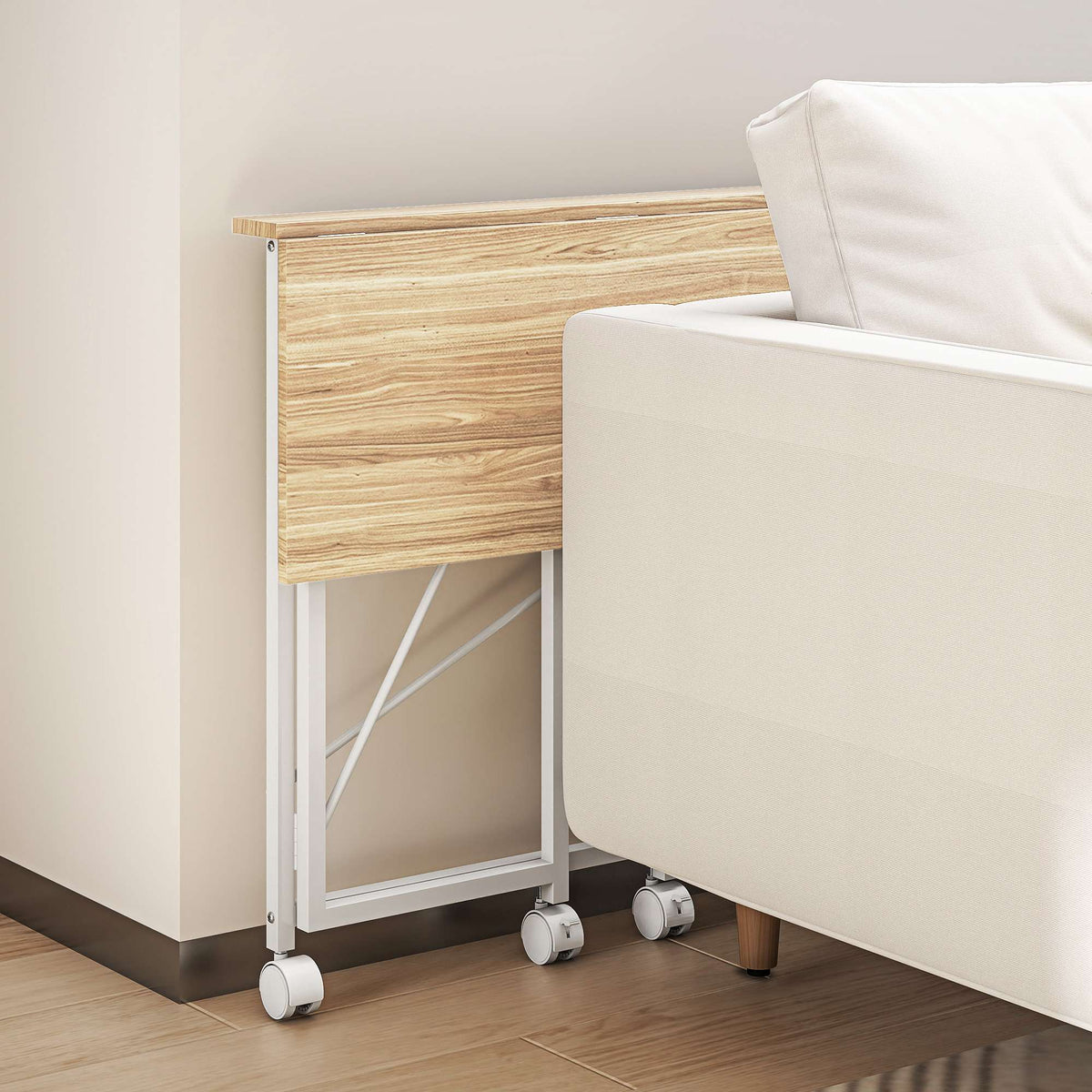 Skládací stůl s kolečky, úsporný design, ocel a MDF, přírodní barva