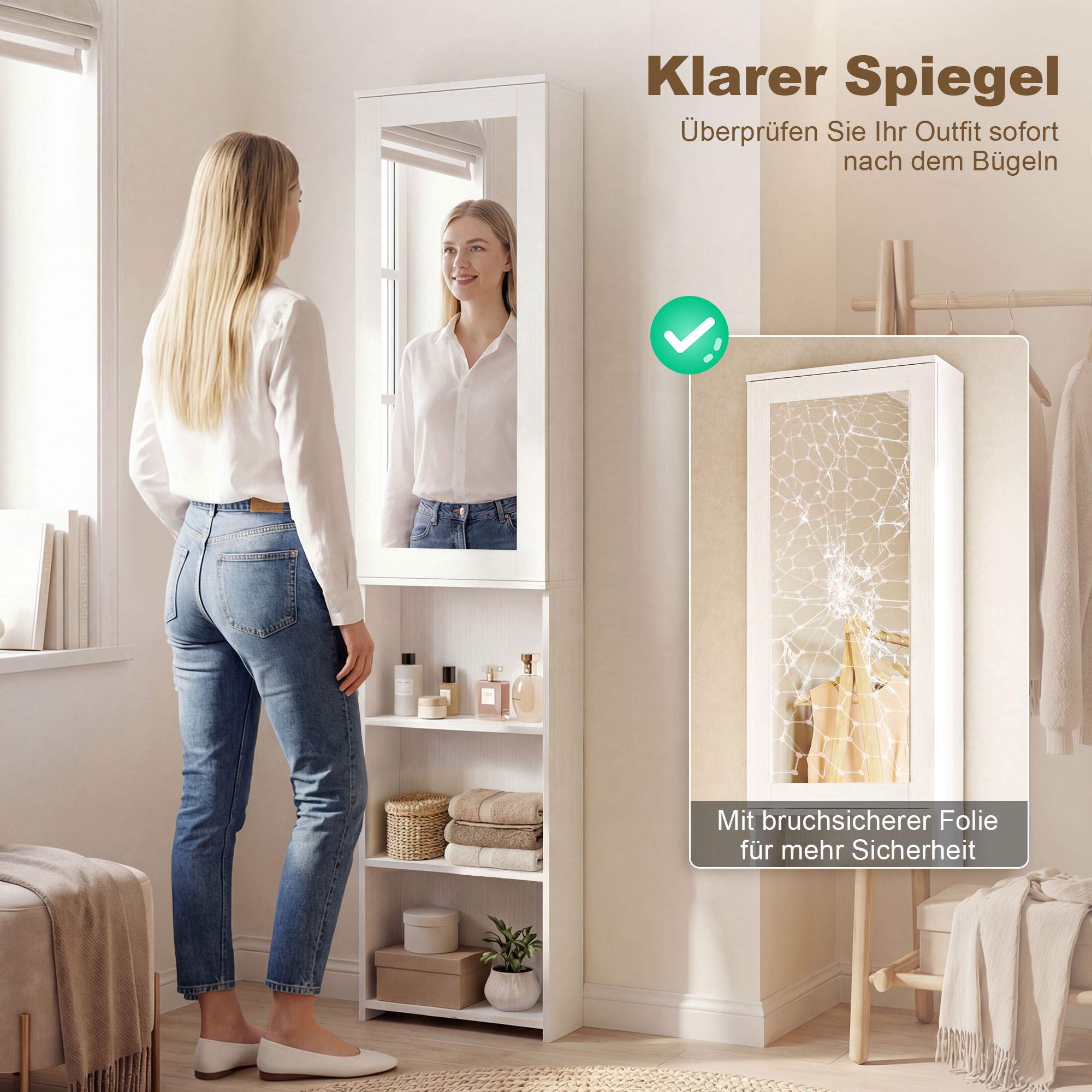 Hopfällbart strykbrädeskåp med spegel och hyllor, vit