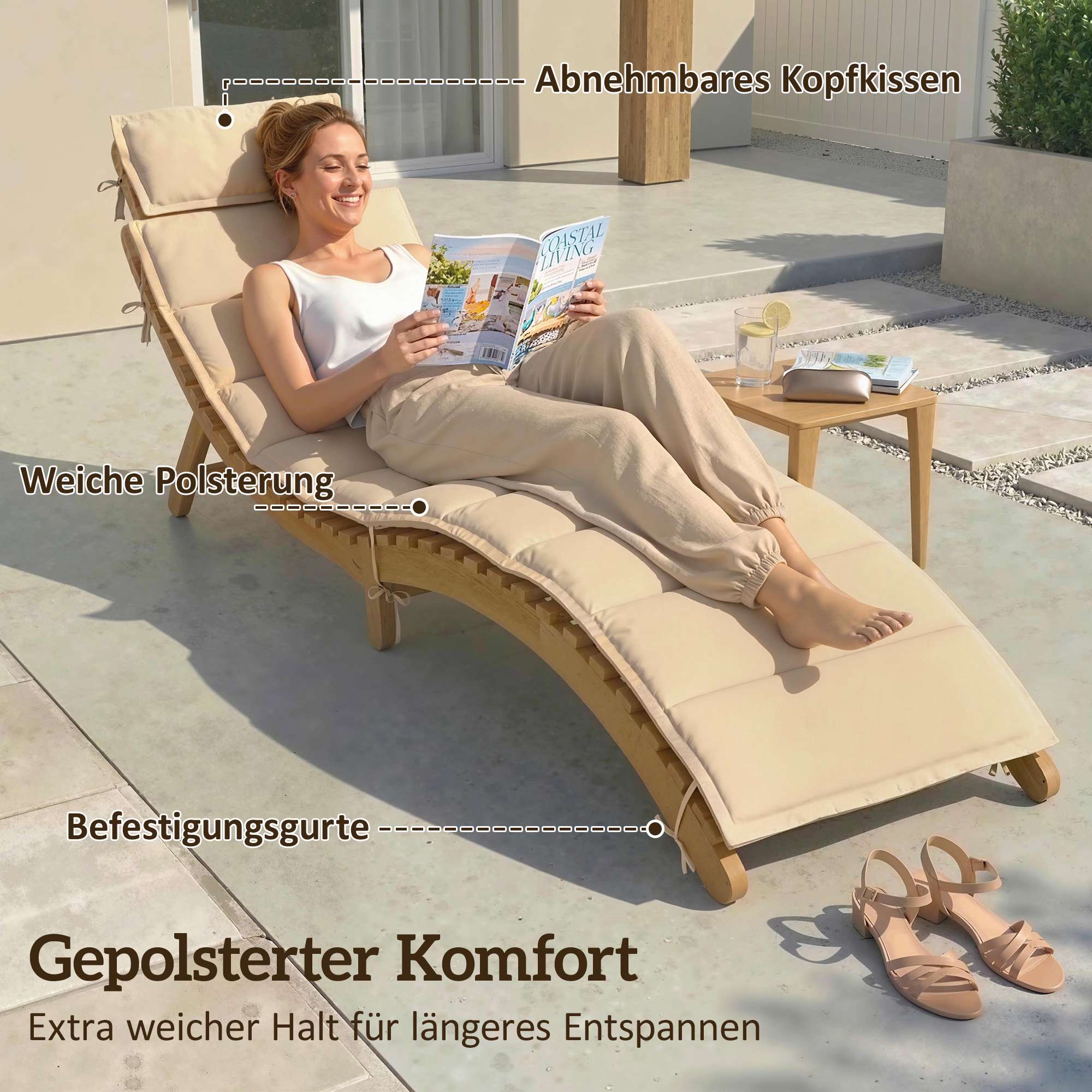 Hopfällbar väderbeständig solsäng i trä med dyna, beige