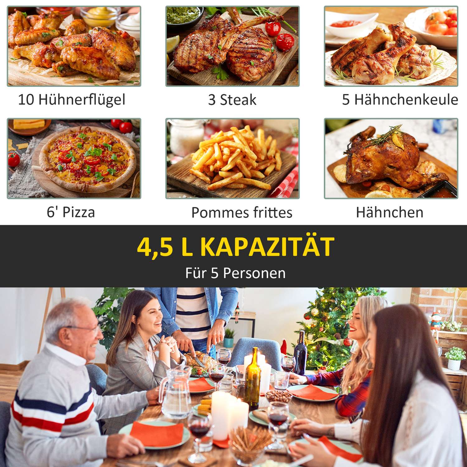 Hot Air Fryer 4,5L, 1500W, Oljefri Matlagning, Svart