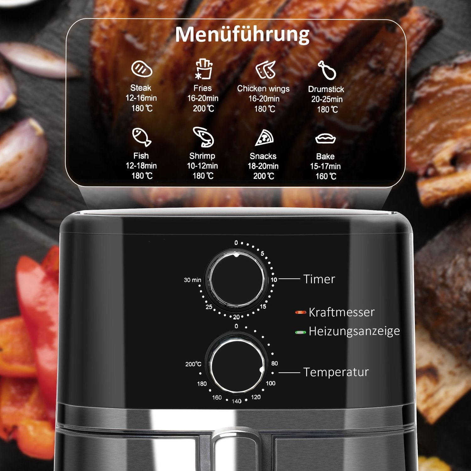 Hot Air Fryer 4,5L, 1500W, Oljefri Matlagning, Svart