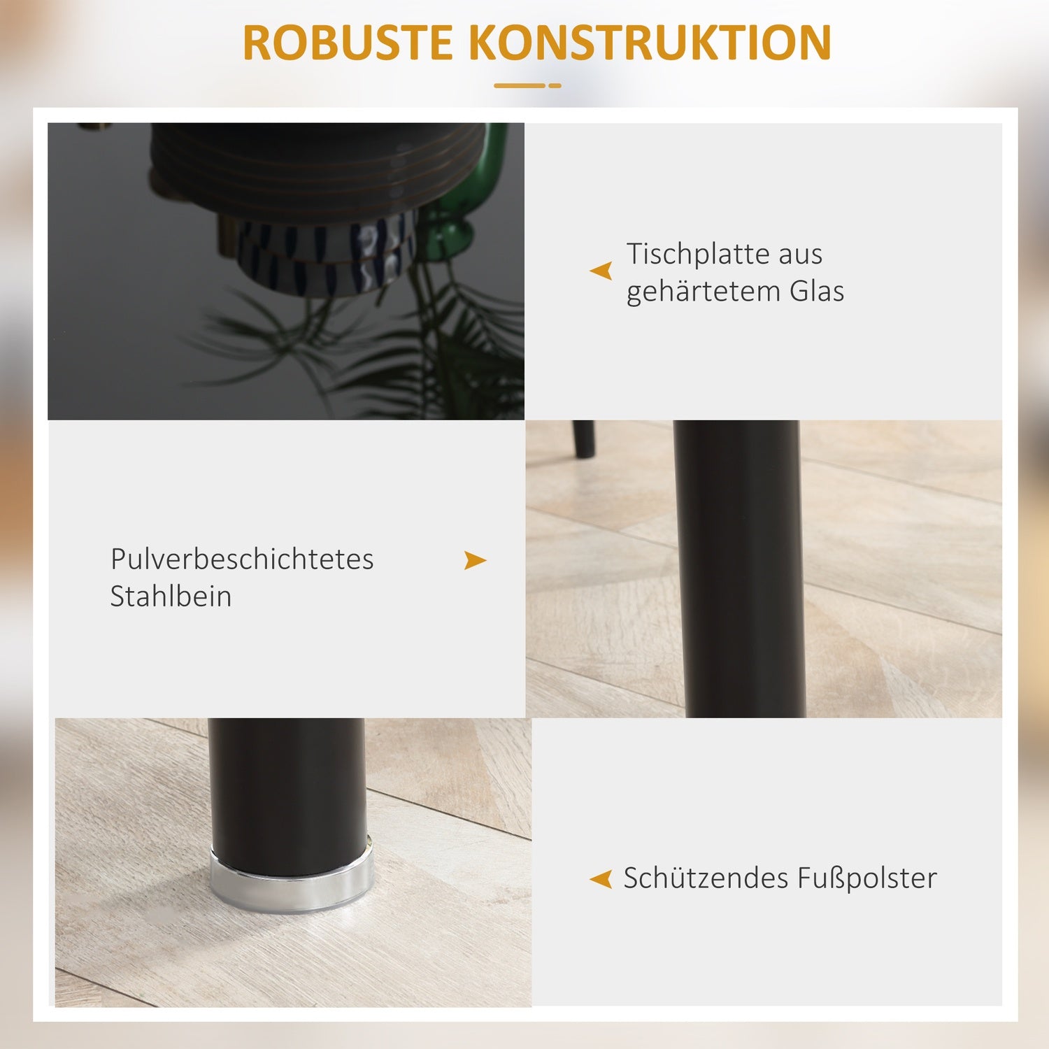 Härdat glas 5-delat matsalsset, bord och svarta stolar