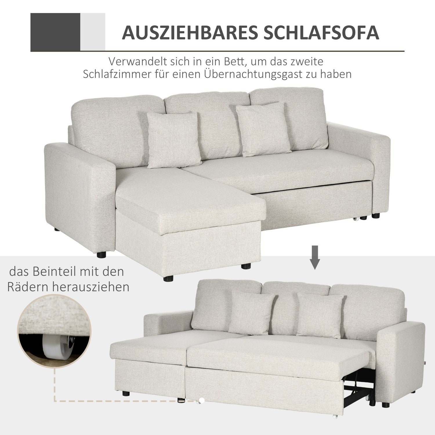 Hörnsoffa med sängfunktion, hörnsoffa inklusive 2-sits soffa, enkelsäng, L-form med förvaringsutrymme, 2 kuddar krämvita