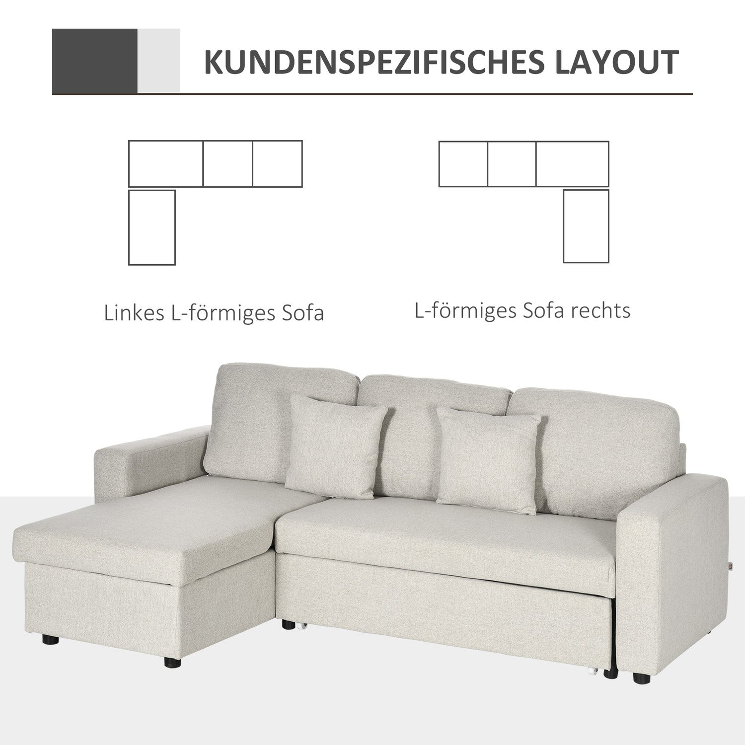 Hörnsoffa med sängfunktion, hörnsoffa inklusive 2-sits soffa, enkelsäng, L-form med förvaringsutrymme, 2 kuddar krämvita