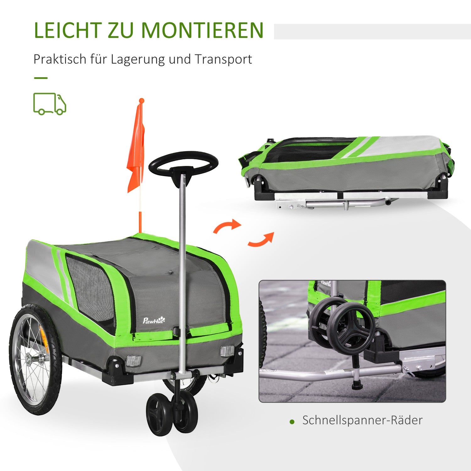 Hundcykelsläp & lasthållare för husdjur, grön/grå, metallram