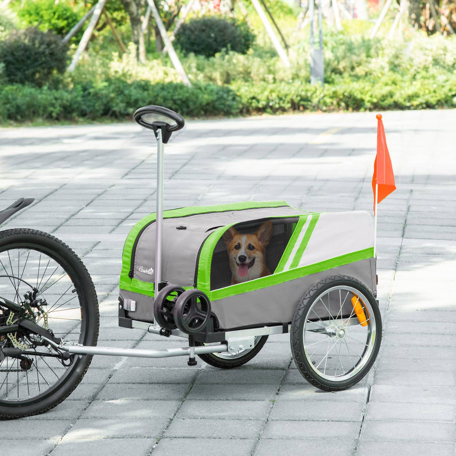Hundcykelsläp & lasthållare för husdjur, grön/grå, metallram