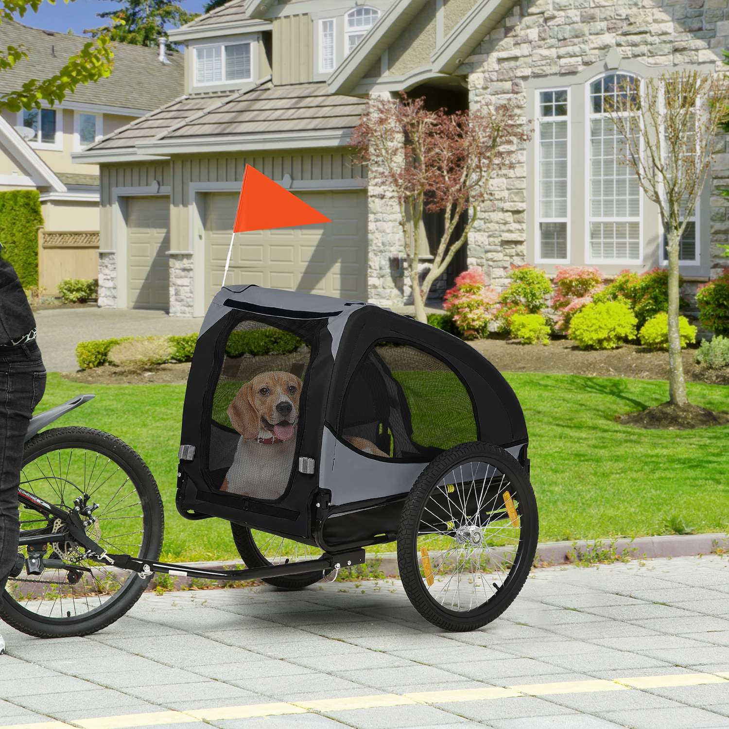 Hundcykelvagn – hopfällbar, nätfönster, reflexer, svart