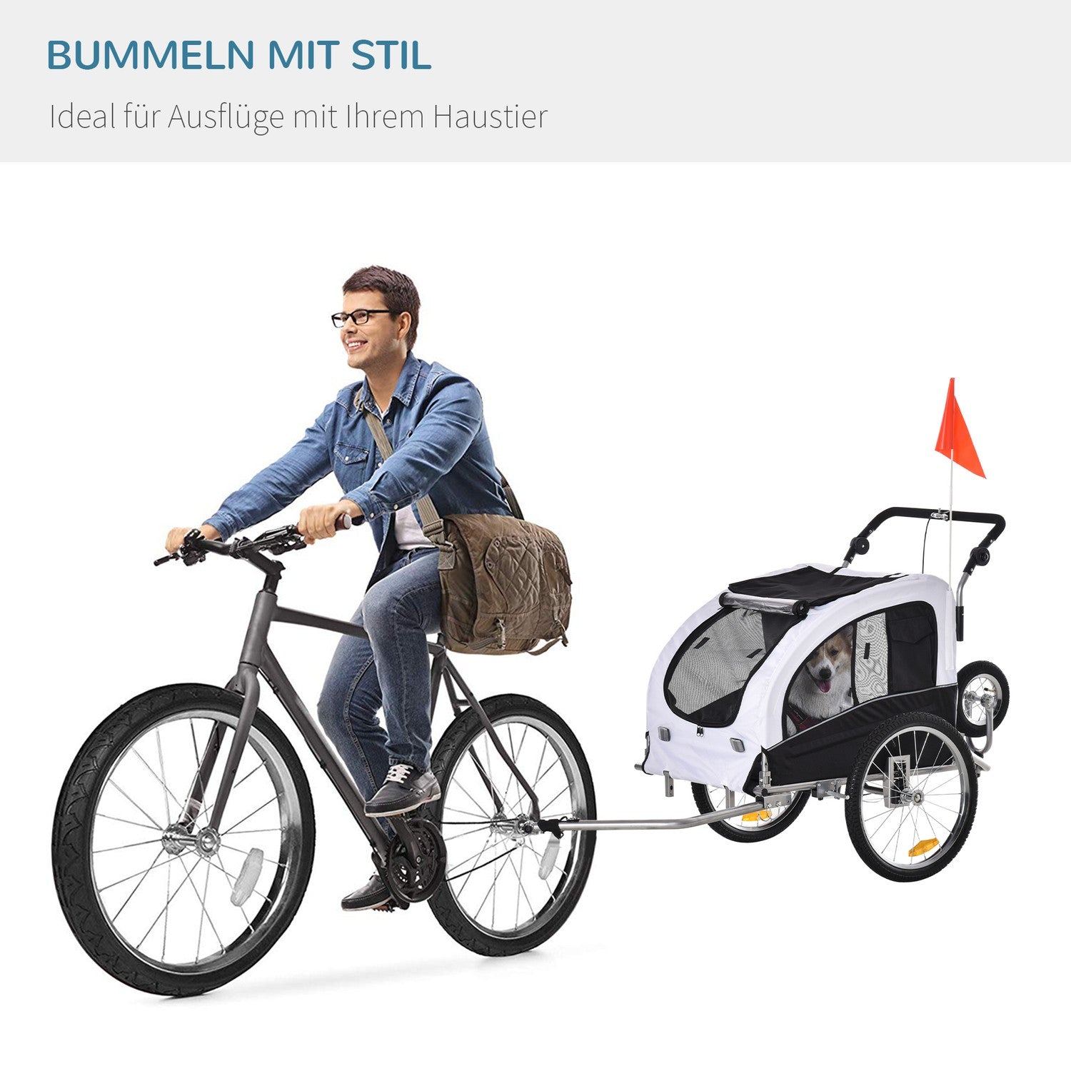 Hundcykelvagn – vit/svart, rymlig, 155 x 83 x 108 cm