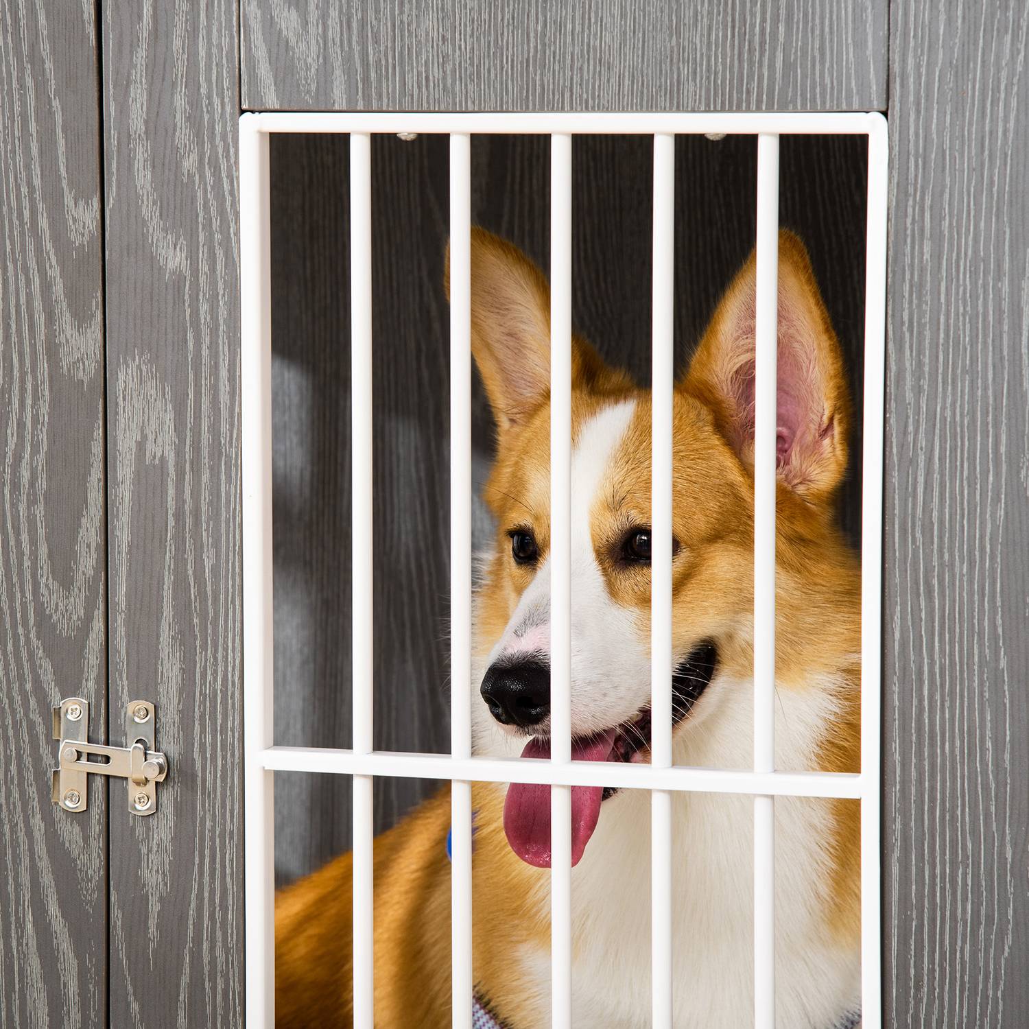 Hundkennel i trä med kudde och bordsskiva, grå/vit 85x55x75cm