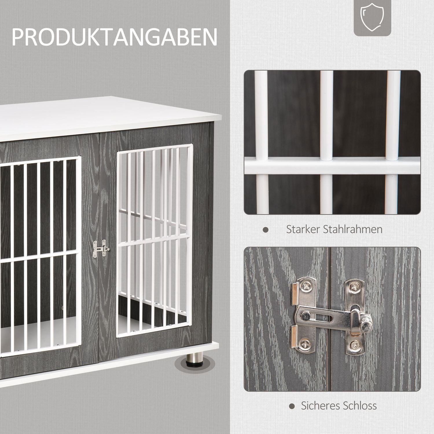 Hundkennel i trä med kudde och bordsskiva, grå/vit 85x55x75cm