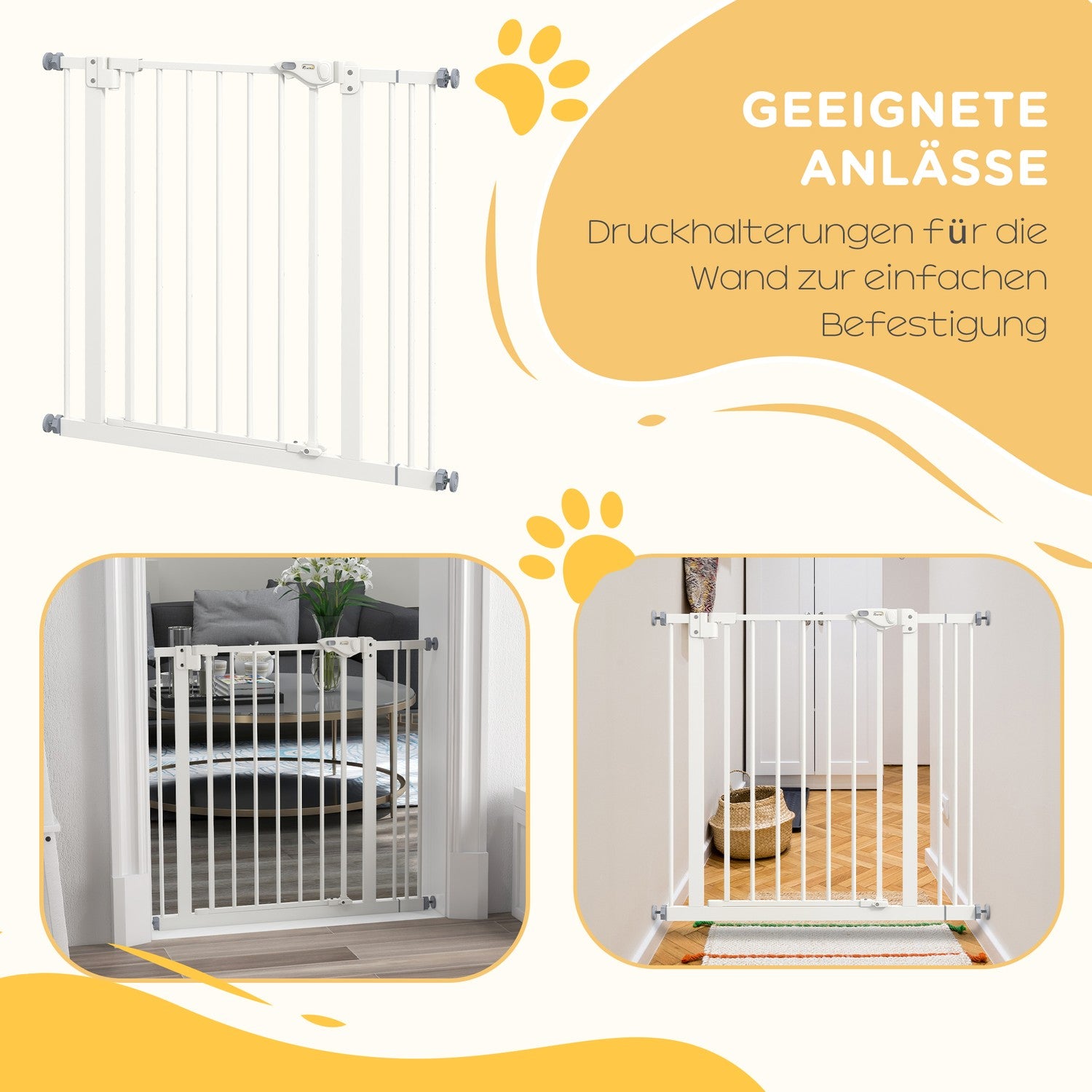 Bezvrtací bezpečnostní branka pro psy, 74-87cm, schodišťová zábrana, bílá