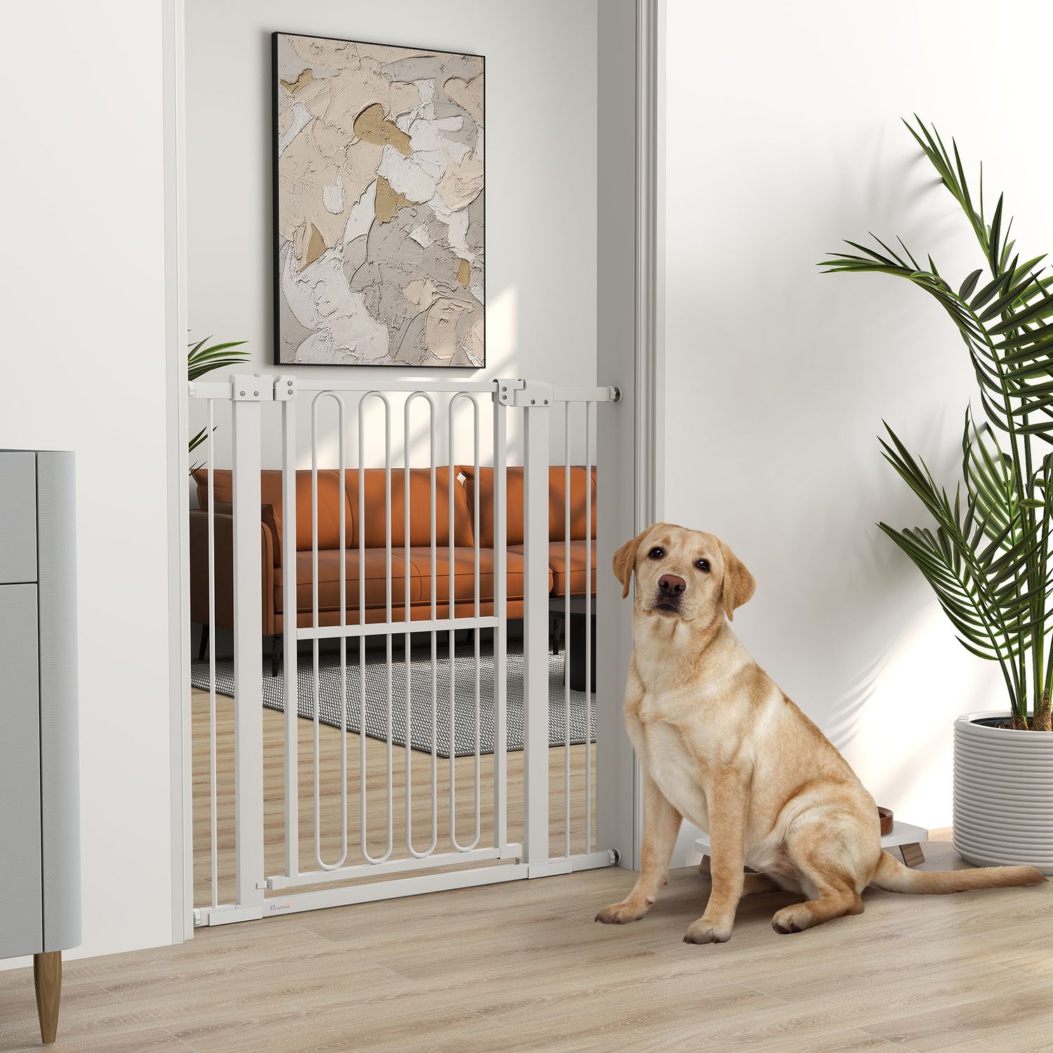 Hundskyddsgrind i vit stål – 76-104 cm, ingen borrinstallation