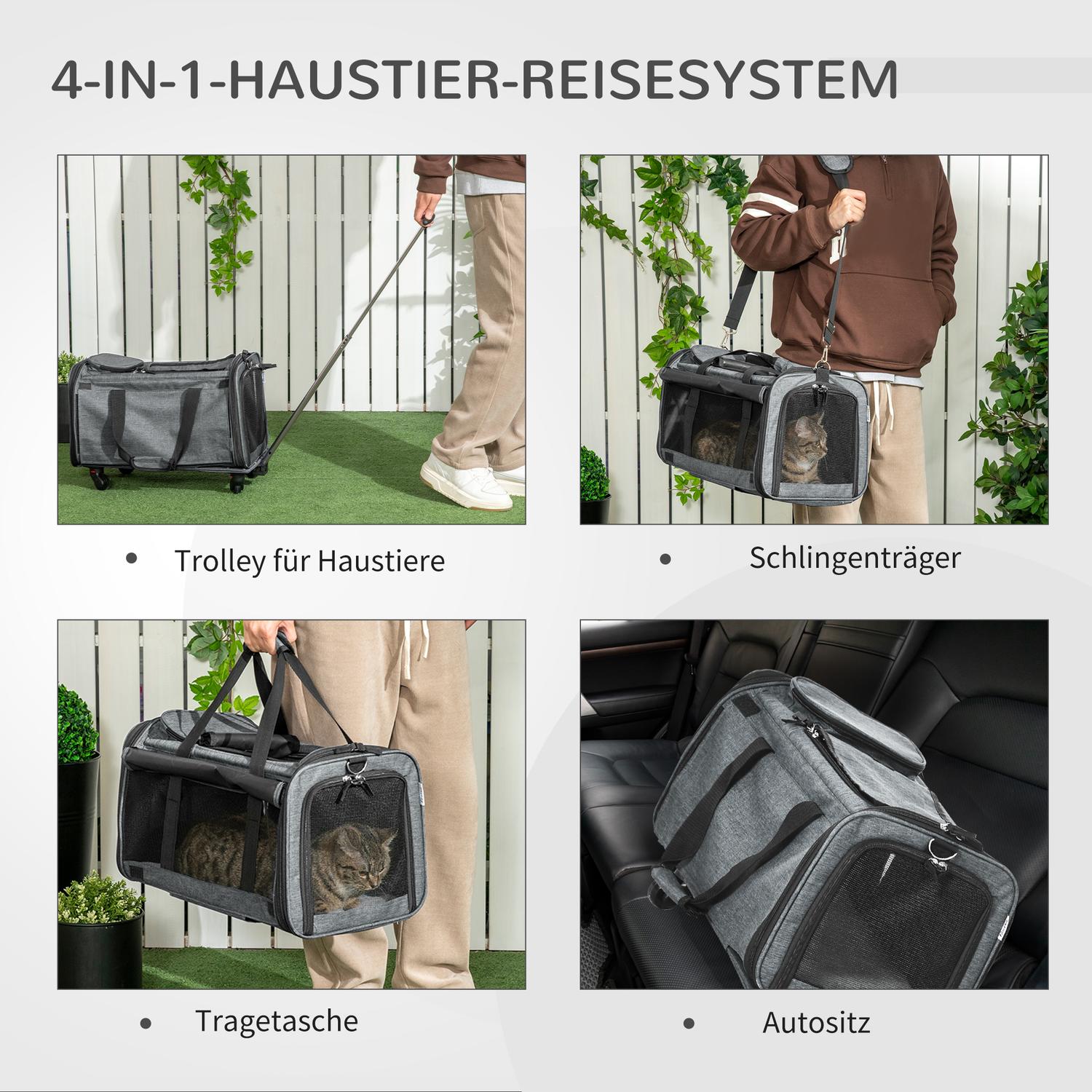 Husdjurstransportvagn – 3-i-1, teleskophandtag, grå