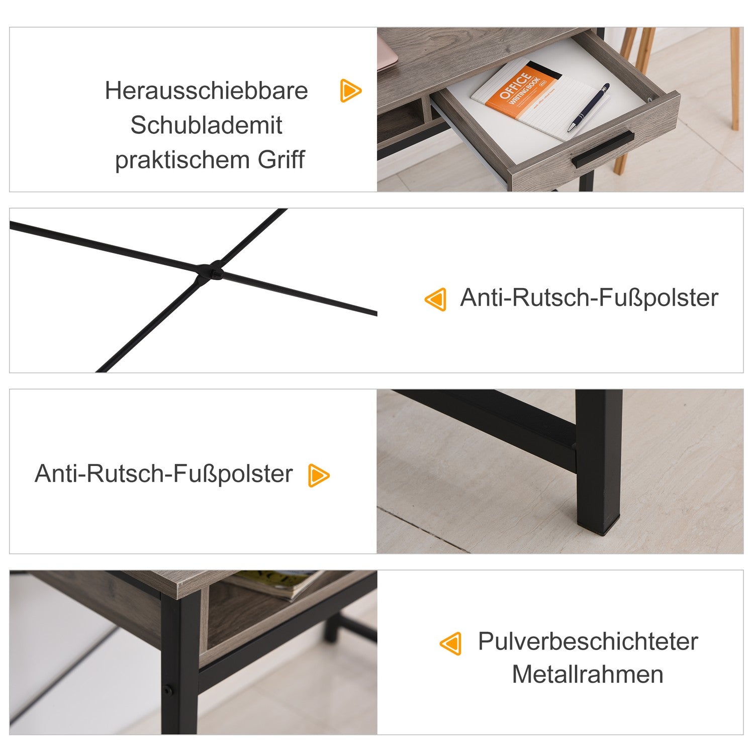 Industriellt datorbord med hylla och låda – Grå/svart
